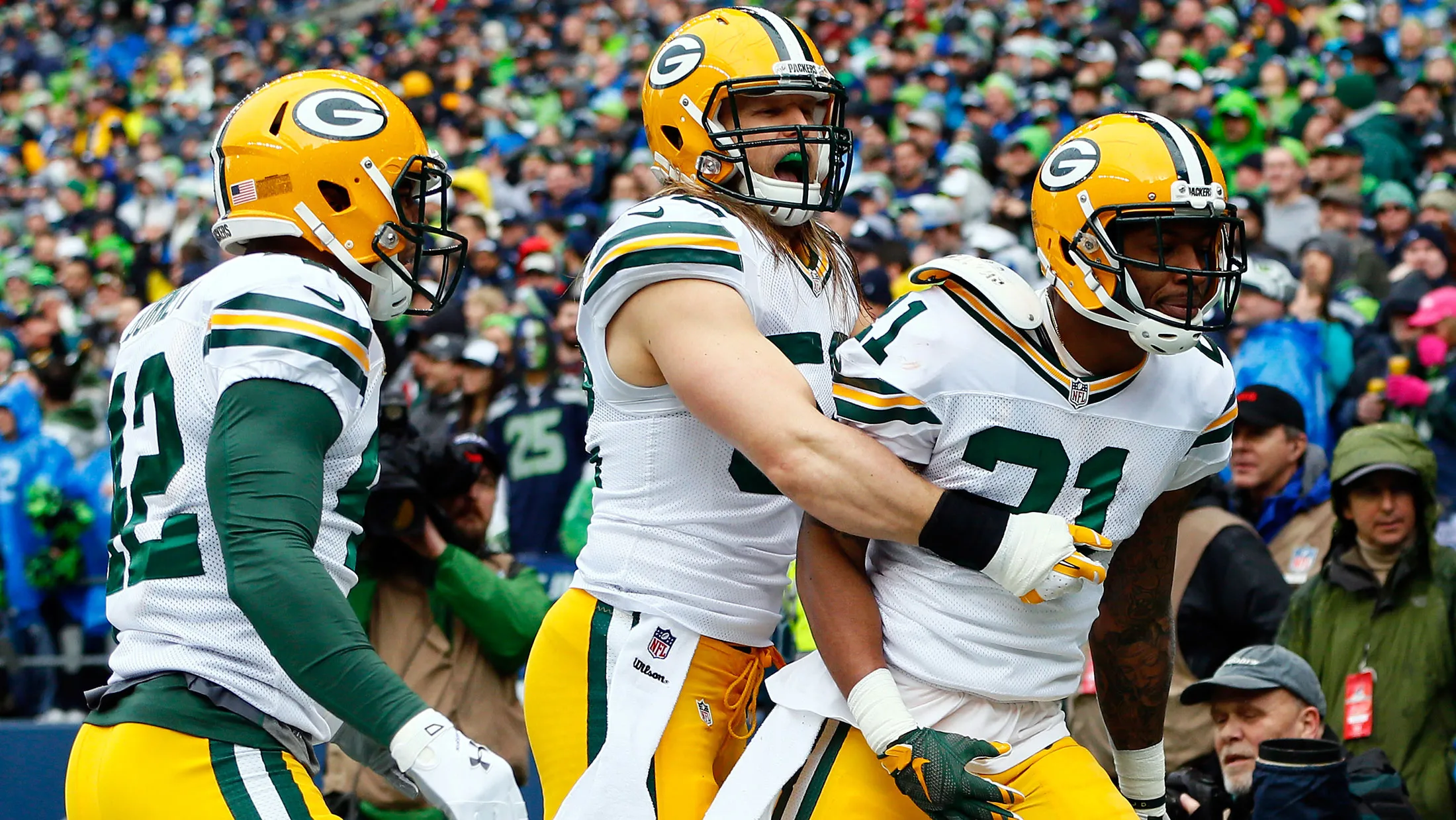 Ha Ha Clinton-Dix #21 and Clay Matthews #52 of the Green Bay Packers celebrate against the Seattle Seahawks during the 2015 NFC Championship game at CenturyLink Field on Jan. 18, 2015 in Washington.
