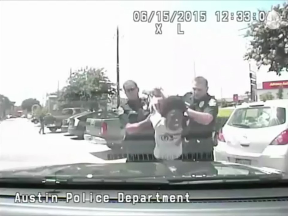 In this dashcam video from 2015, Breaion King is led by officers during a traffic stop in Austin, Texas. The black Texas teacher was thrown to the ground by a white officer during the stop, then told by another white officer that blacks have “violent tendencies.”
