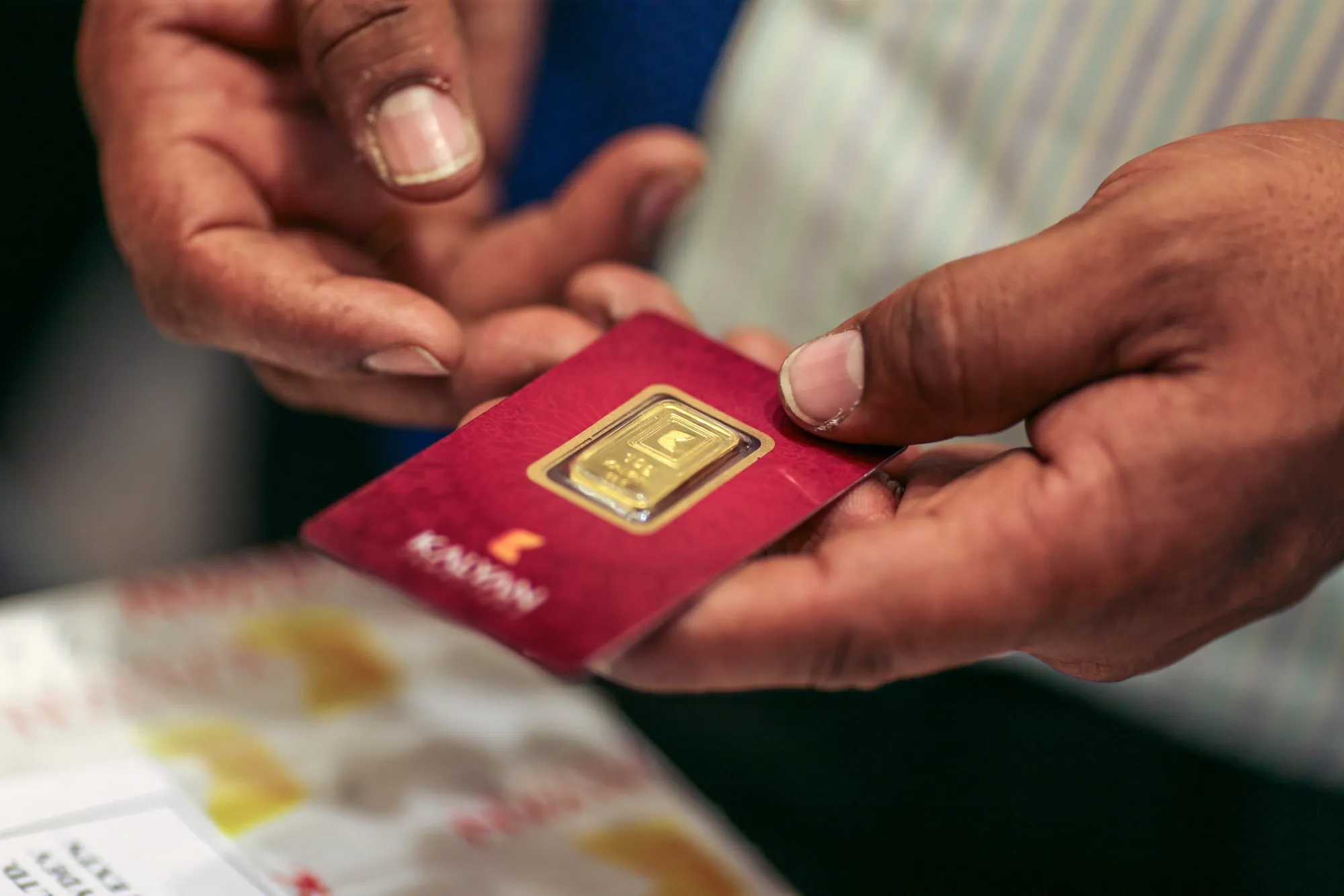 A gold bar for sale at a jewelers in Mumbai.