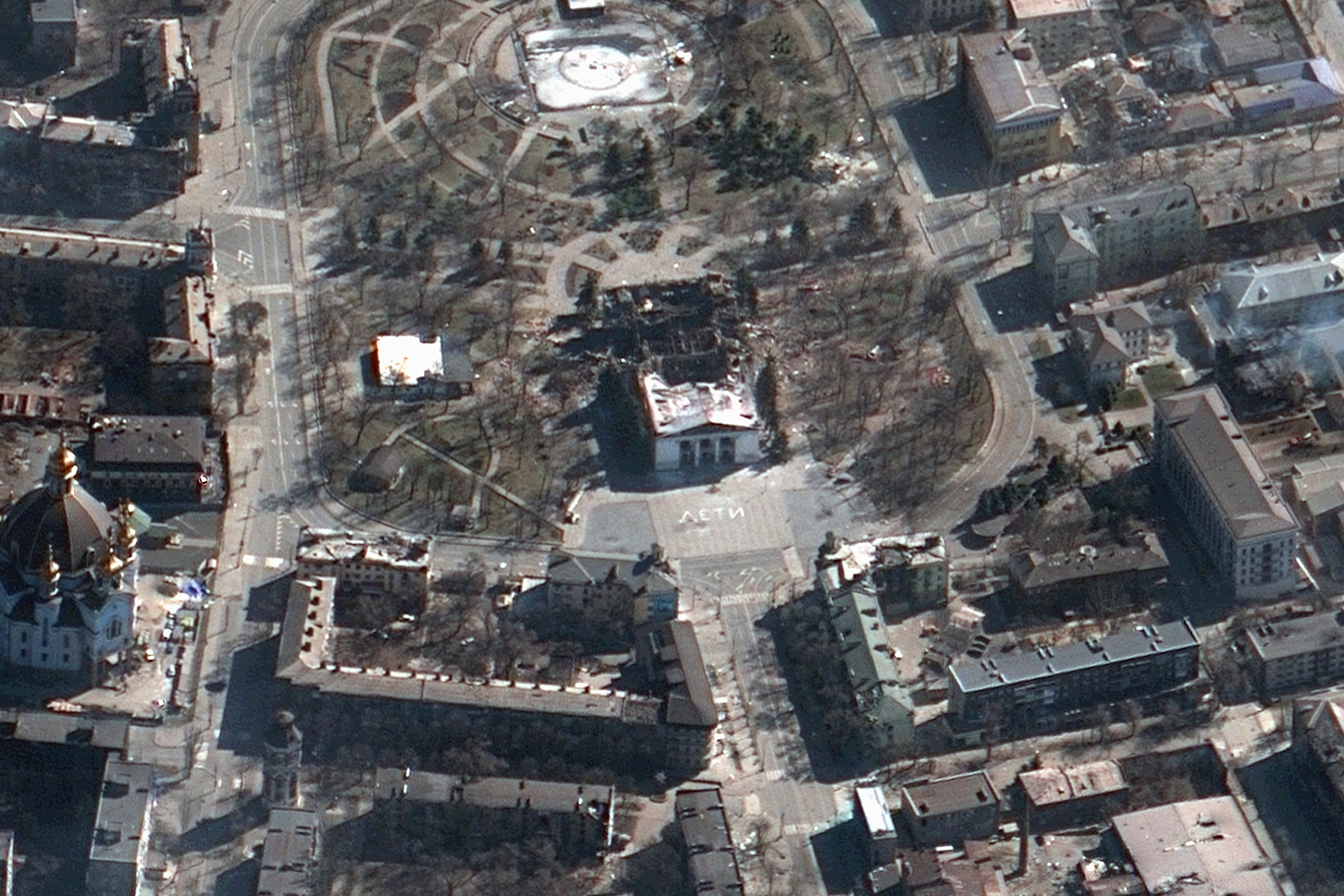 The Mariupol drama theater following a Russian airstrike, in&nbsp;Mariupol Ukraine, on March 19.