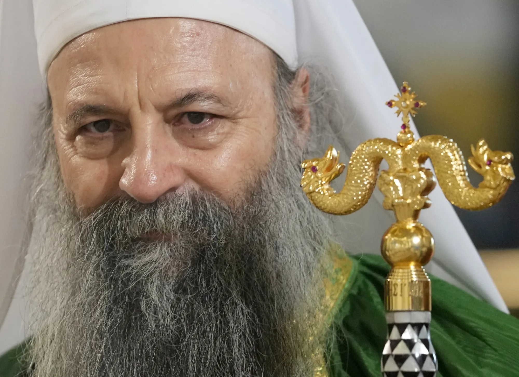 Serbian Orthodox Church Patriarch Porfirije performs the traditional Divine Liturgy in the St. Sava temple in Belgrade, Serbia, Friday, Jan. 7, 2022. Orthodox believers in Serbia celebrate Christmas on January 7, according to the Julian calendar. (AP Photo/Darko Vojinovic)