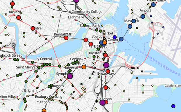 A look at Boston's public transit, operating in real time, on Thursday May, 14.