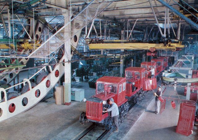 A production line at a tractor plant in North Korea in 1980.