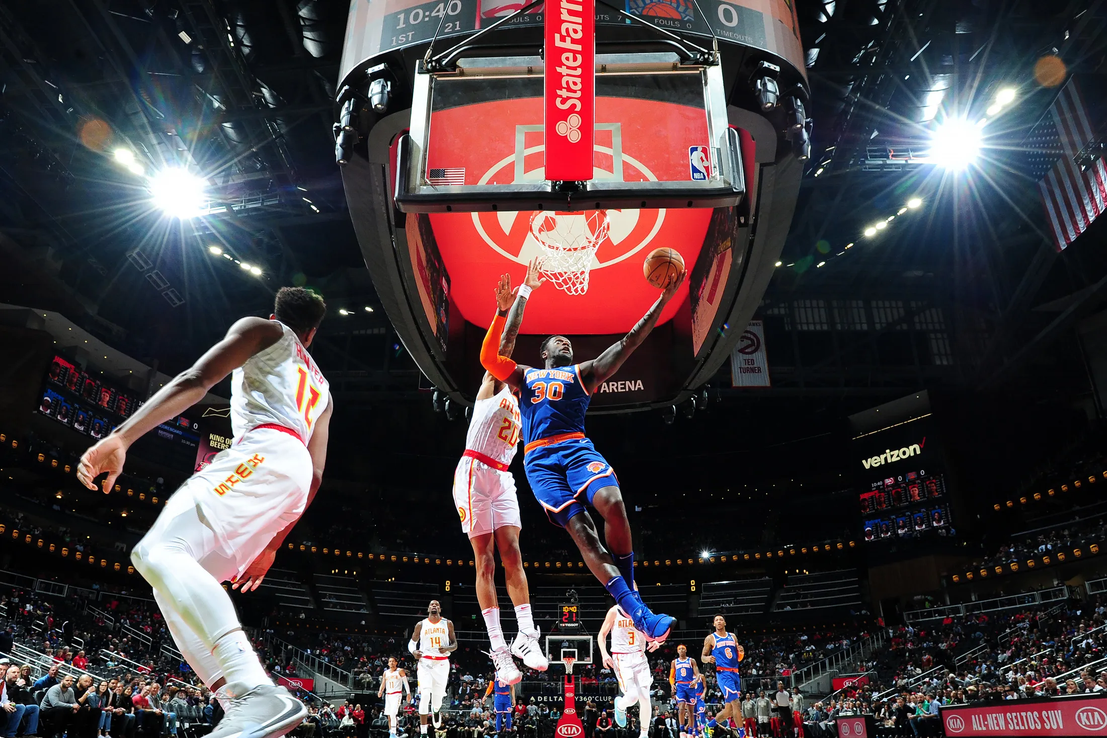 Julius Randle&nbsp;of the New York Knicks drives to the basket against the Atlanta Hawks at State Farm Arena in Atlanta, Georgia, U.S., on March 11.