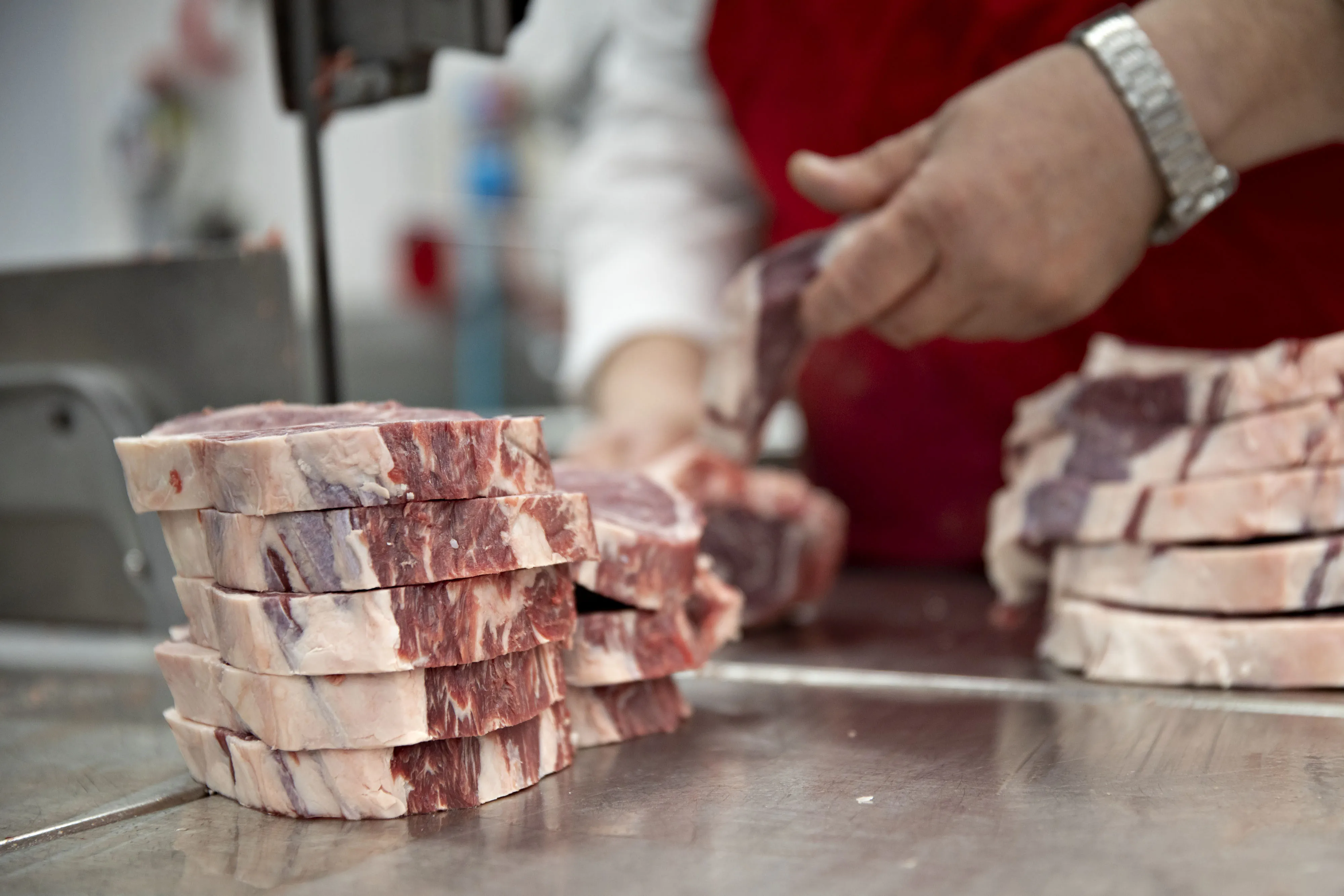 Beef ribeye steaks sit in a stack in the meat department of a supermarket in Princeton, Illinois, U.S., on Thursday, April 16, 2020. The Trump administration would like to make purchases of milk and meat products as part of a $15.5 billion initial aid package to farmers rattled by the coronavirus, said Agriculture Secretary Sonny Perdue.
