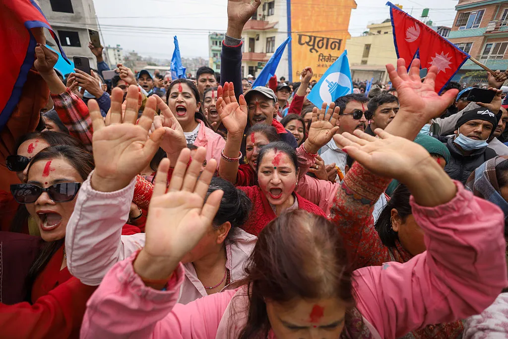 Supporters of the Rastriya Swatantra Party led by Balendra Shah celebrate victory in the House of Representatives in Lalitpur, Nepal.