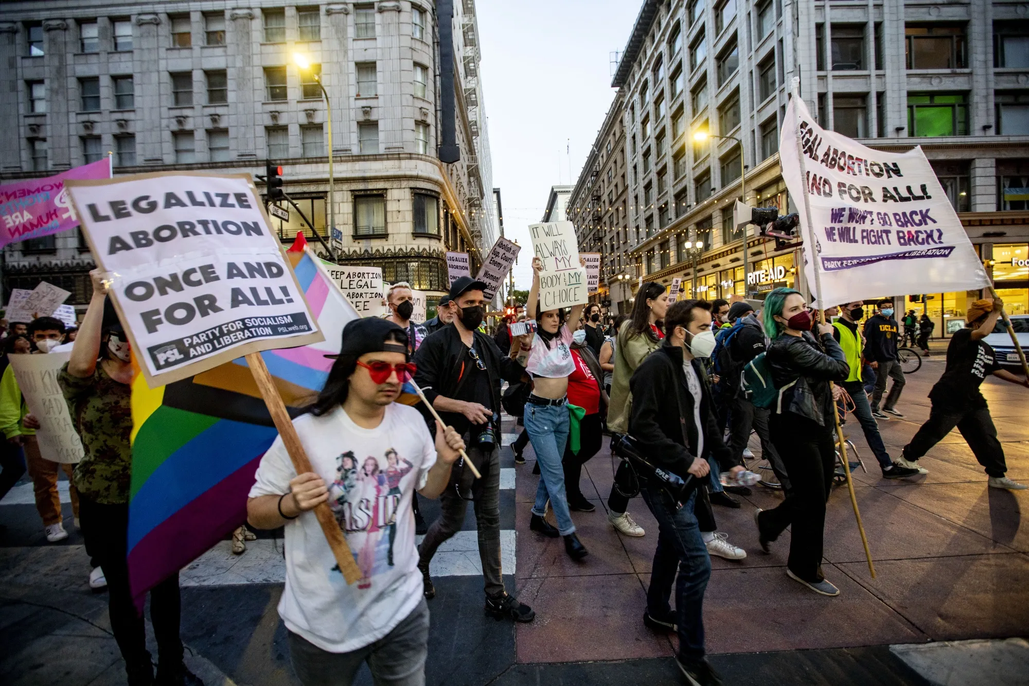 Demonstrators march during an abortion-rights protest in Los Angeles, California,&nbsp;on Tuesday, May 3, 2022.&nbsp;