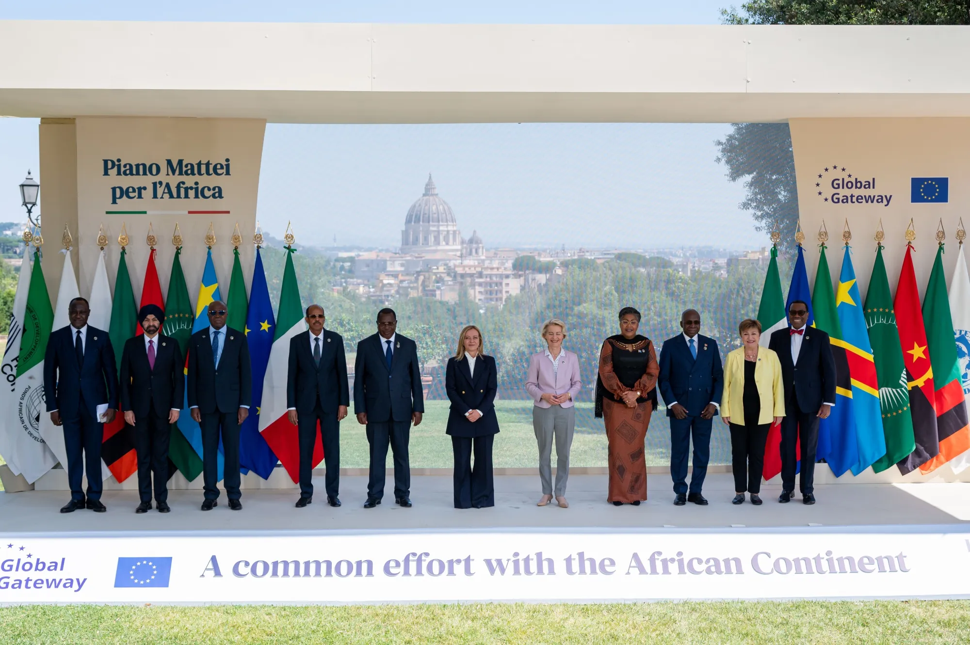 Representatives pose for a picture before the 'The Mattei Plan for Africa and the Global Gateway: A common effort with the African Continent' summit at Villa Doria Pamphilj in Rome, on June 20.
