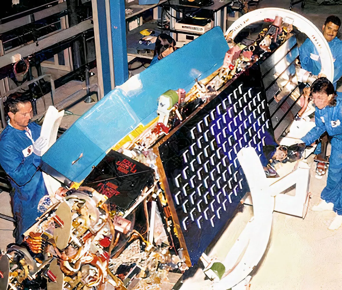 Engineers at work on&nbsp;Motorola’s 66-satellite Iridium network.