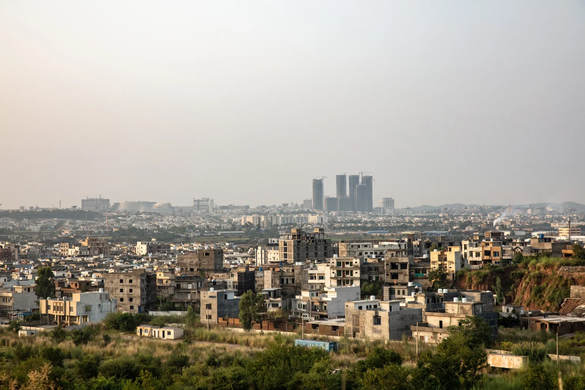 Houses and buildings in a residential area in Islamabad, Pakistan.