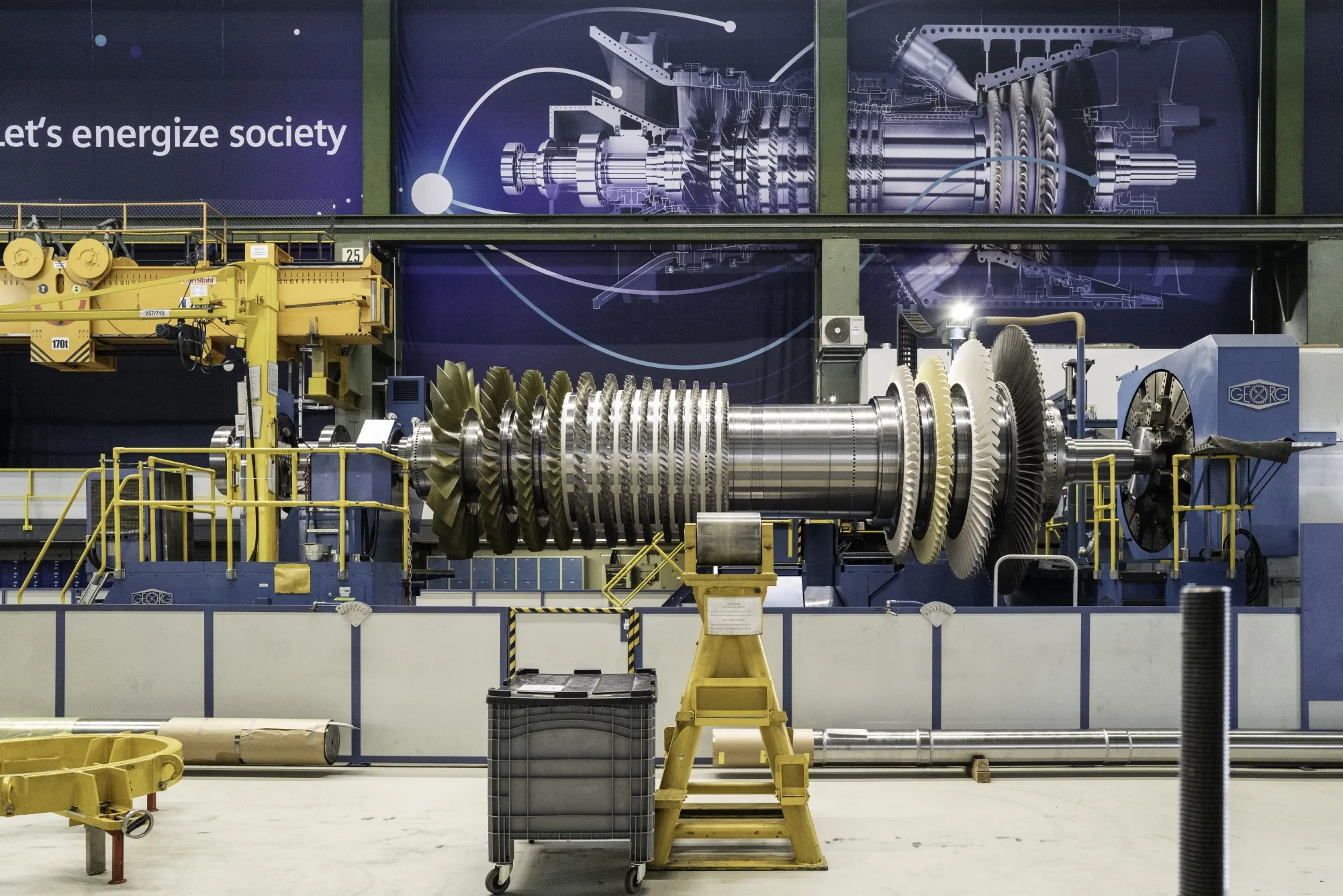 Gas turbine components, rotors and stators, tested at the Siemens Energy AG manufacturing plant in Berlin, Germany.