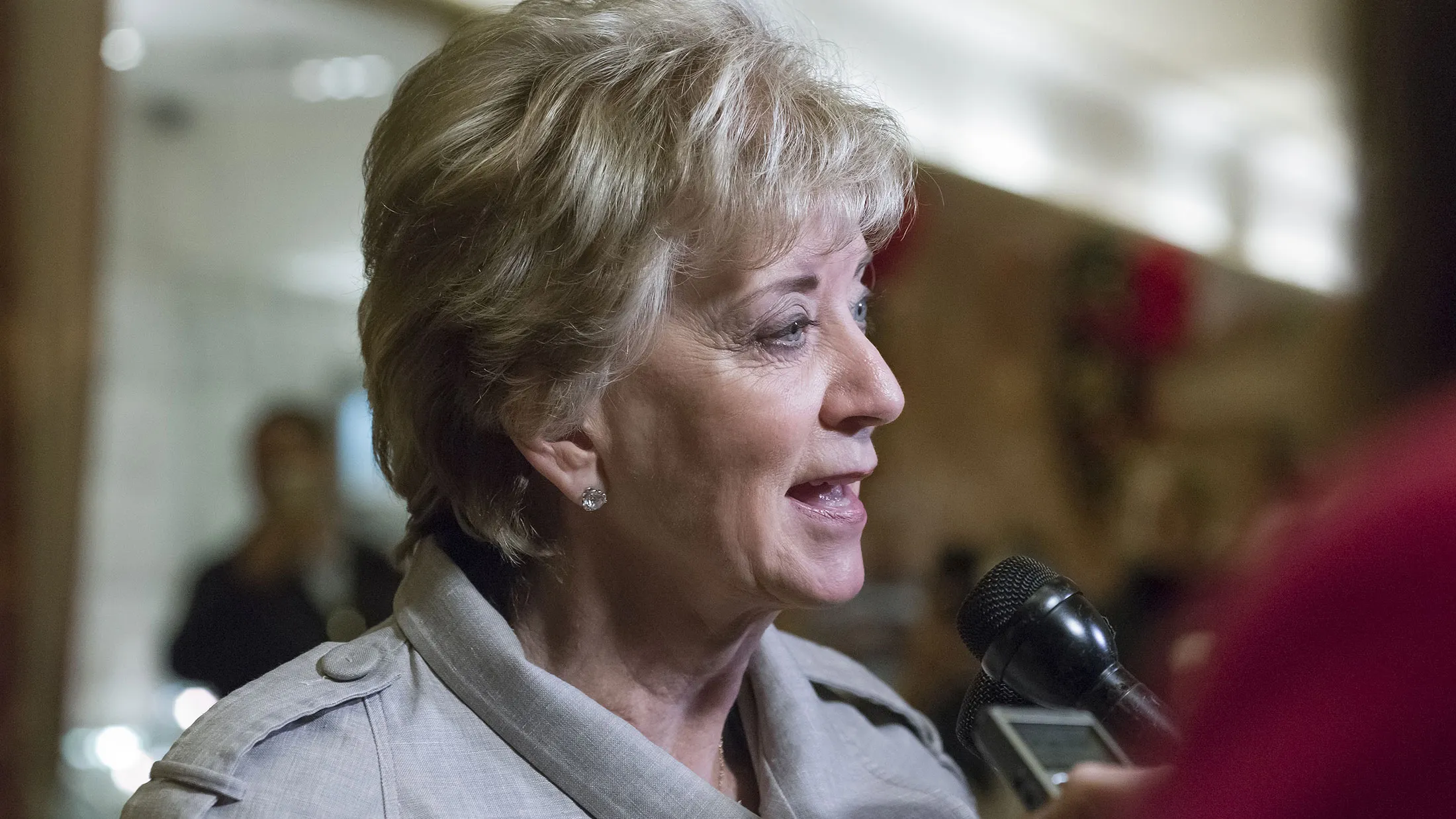 Linda McMahon, former chief executive officer of World Wrestling Entertainment Inc., speaks to the media in the lobby of Trump Tower in New York on Nov. 30, 2016.
