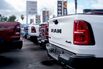 Dodge Ram pickup trucks at a Dodge dealership in Los Angeles.