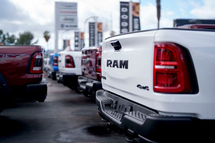Dodge Ram pickup trucks at a Dodge dealership in Los Angeles.