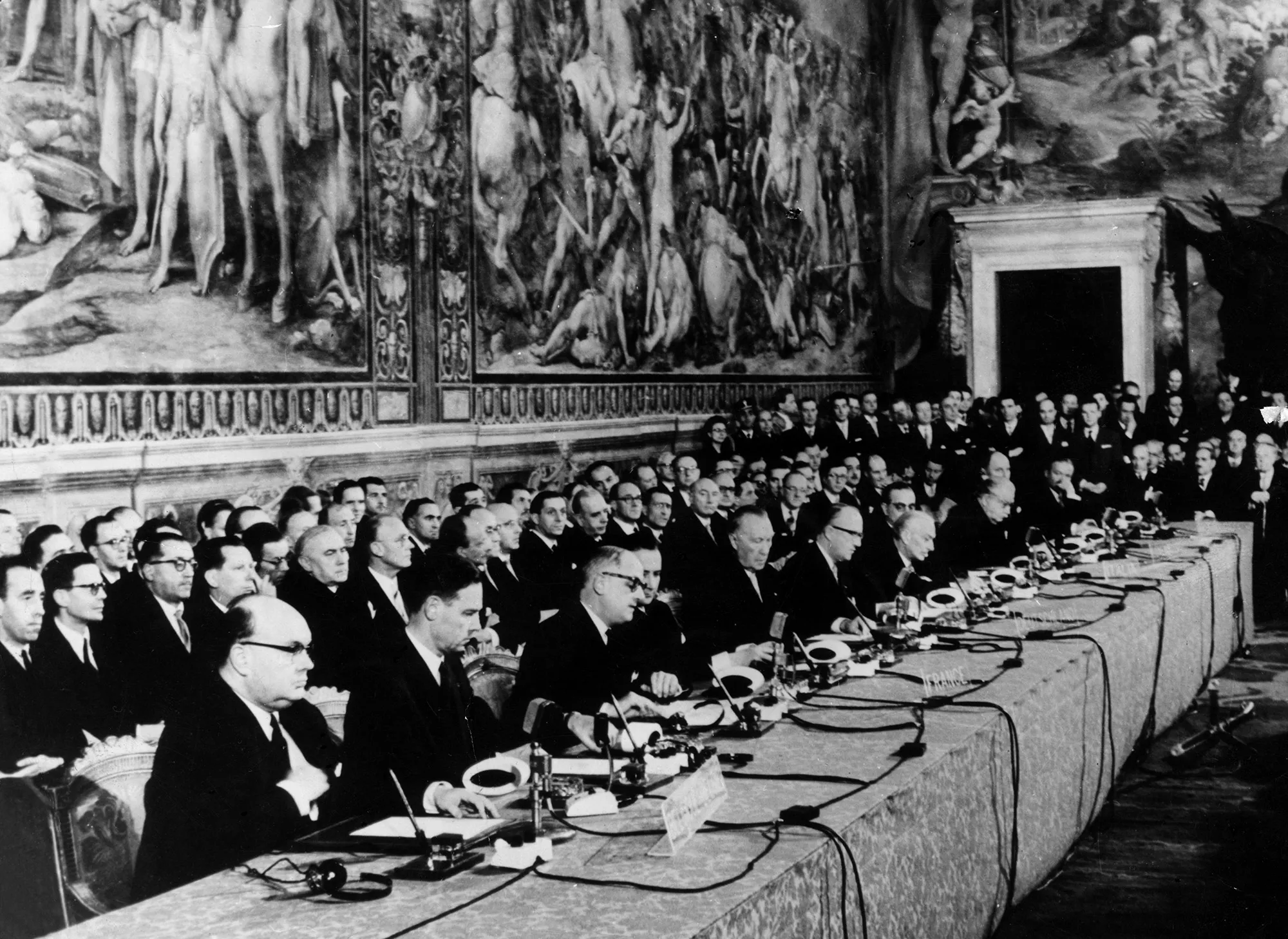 Delegates at the signing of the European Common Market Treaty in Rome in 1957.