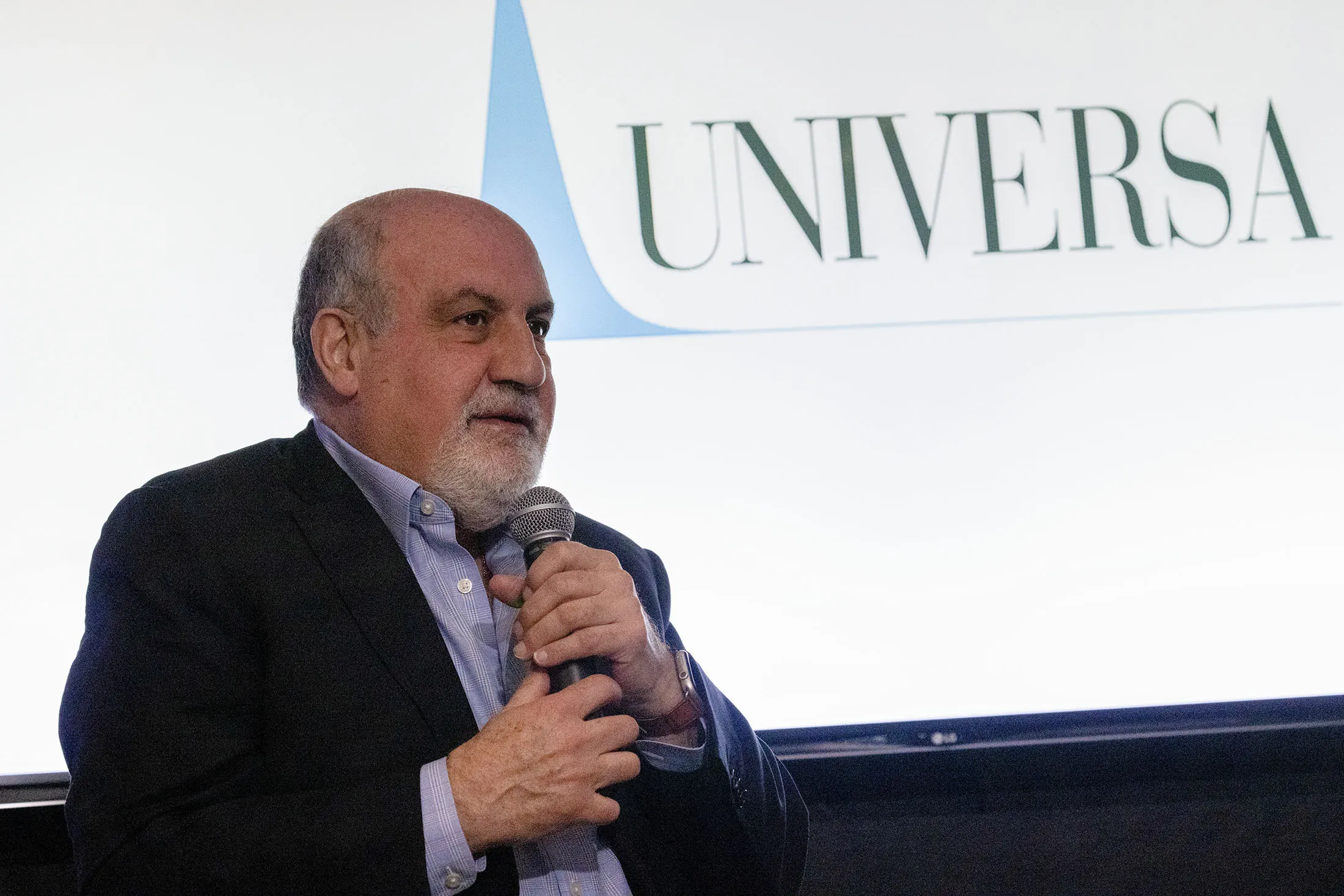Nassim Nicholas Taleb speaks during an event for Universa Investments in Miami, on Jan. 29.