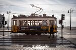 Crypto advertising adorns an electric tram&nbsp;in Lisbon.&nbsp;