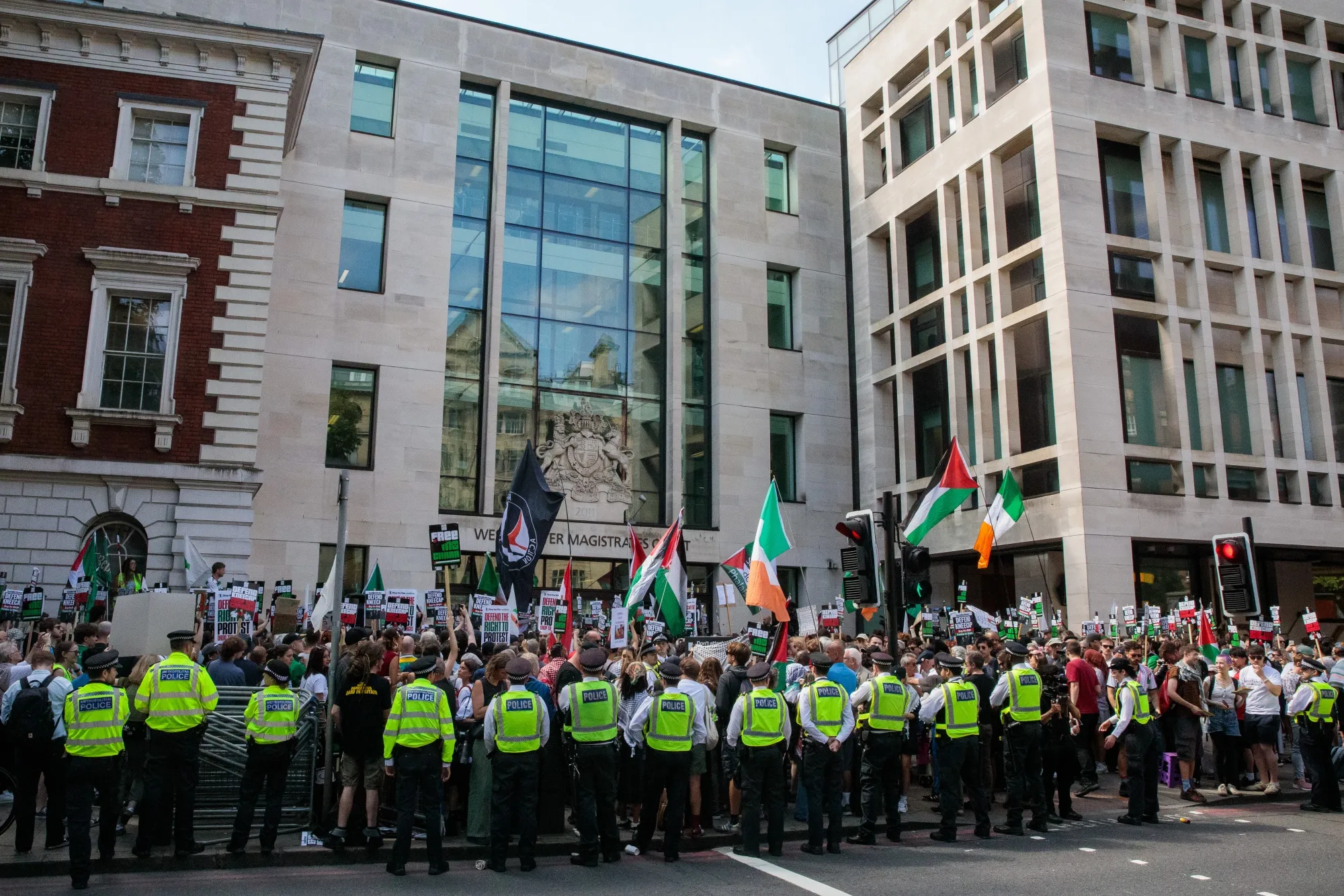 A rally outside Westminster Magistrates Court.