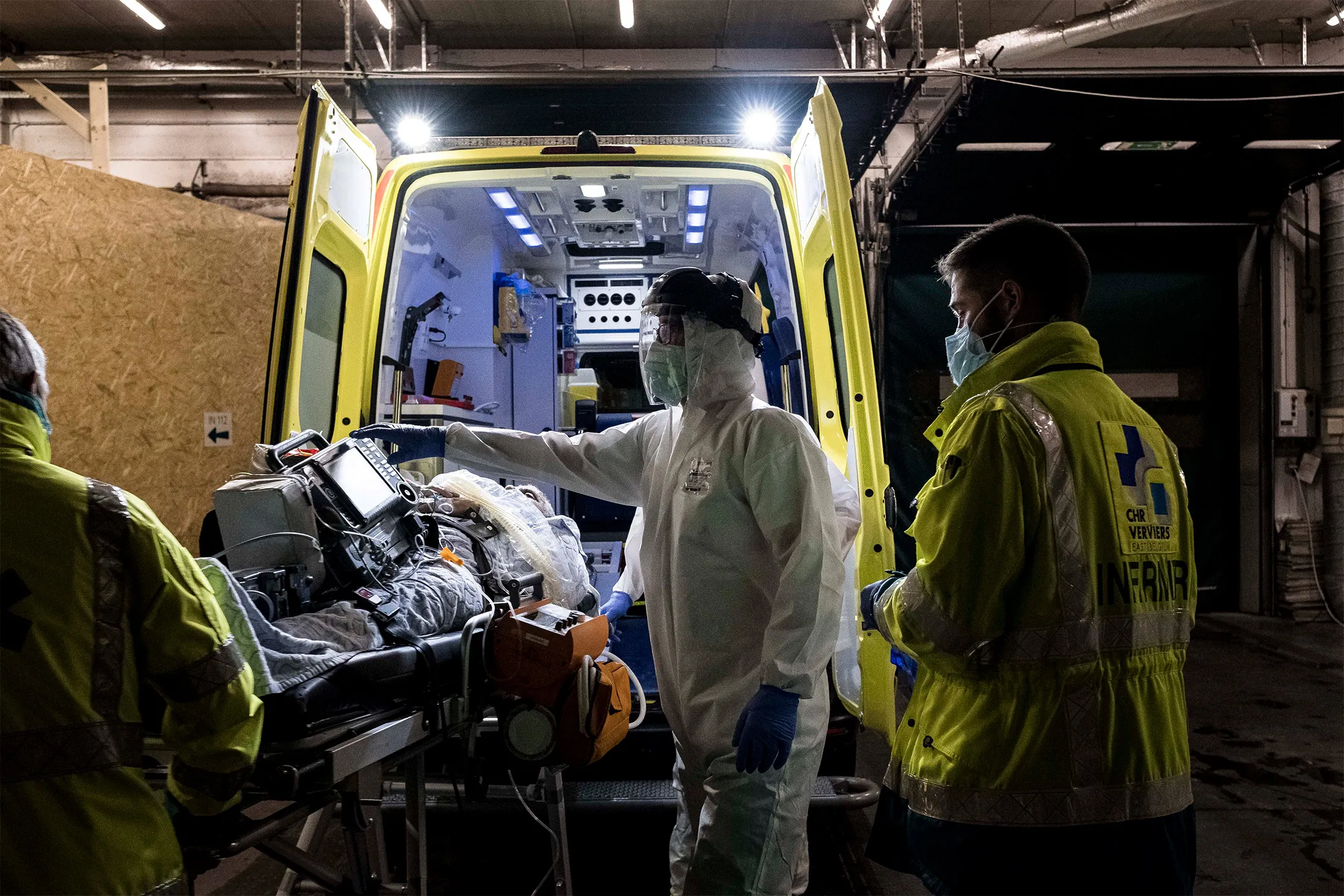 An ambulance arrives with a patient at a hospital in Liege, Belgium, on Oct. 29.&nbsp;