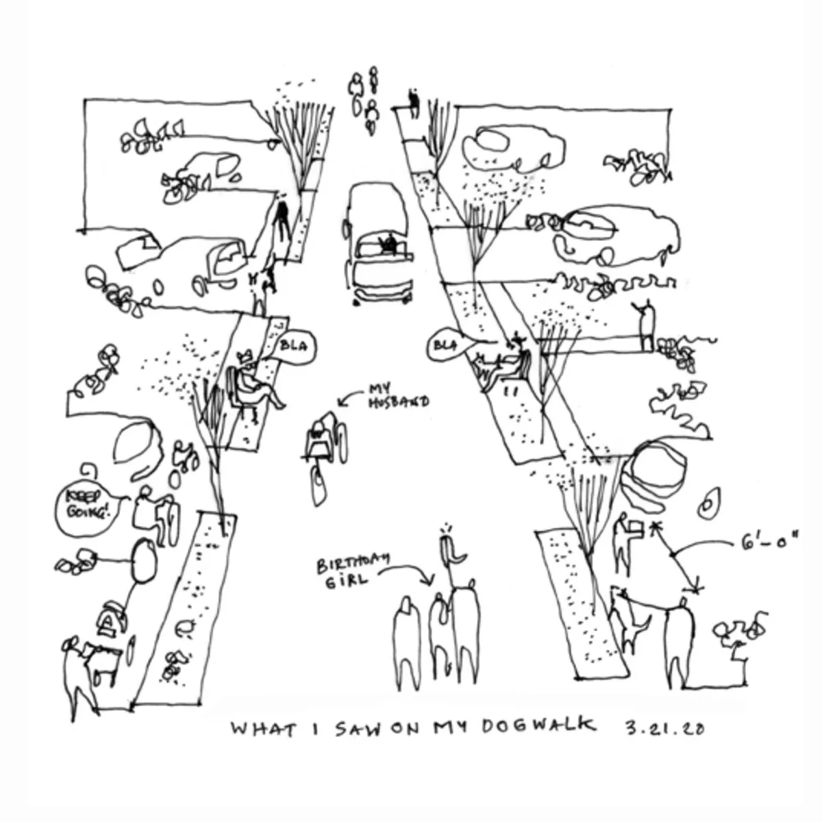 Carol Hsiung of Millburn, New Jersey, sketched the new experience of walking her dog during the pandemic in May, 2020.&nbsp;