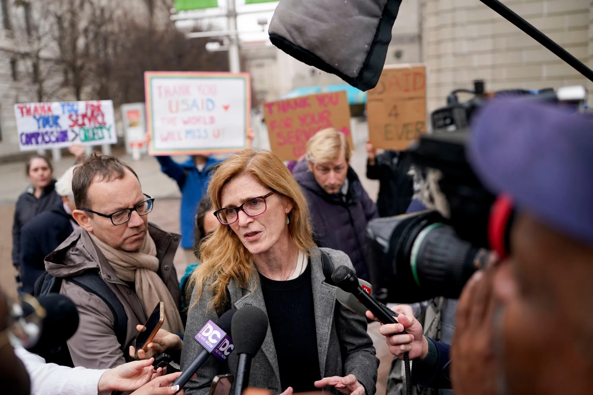 Samantha Power speaks to members of the media outside USAID headquarters in Washington, DC, on Feb. 27.