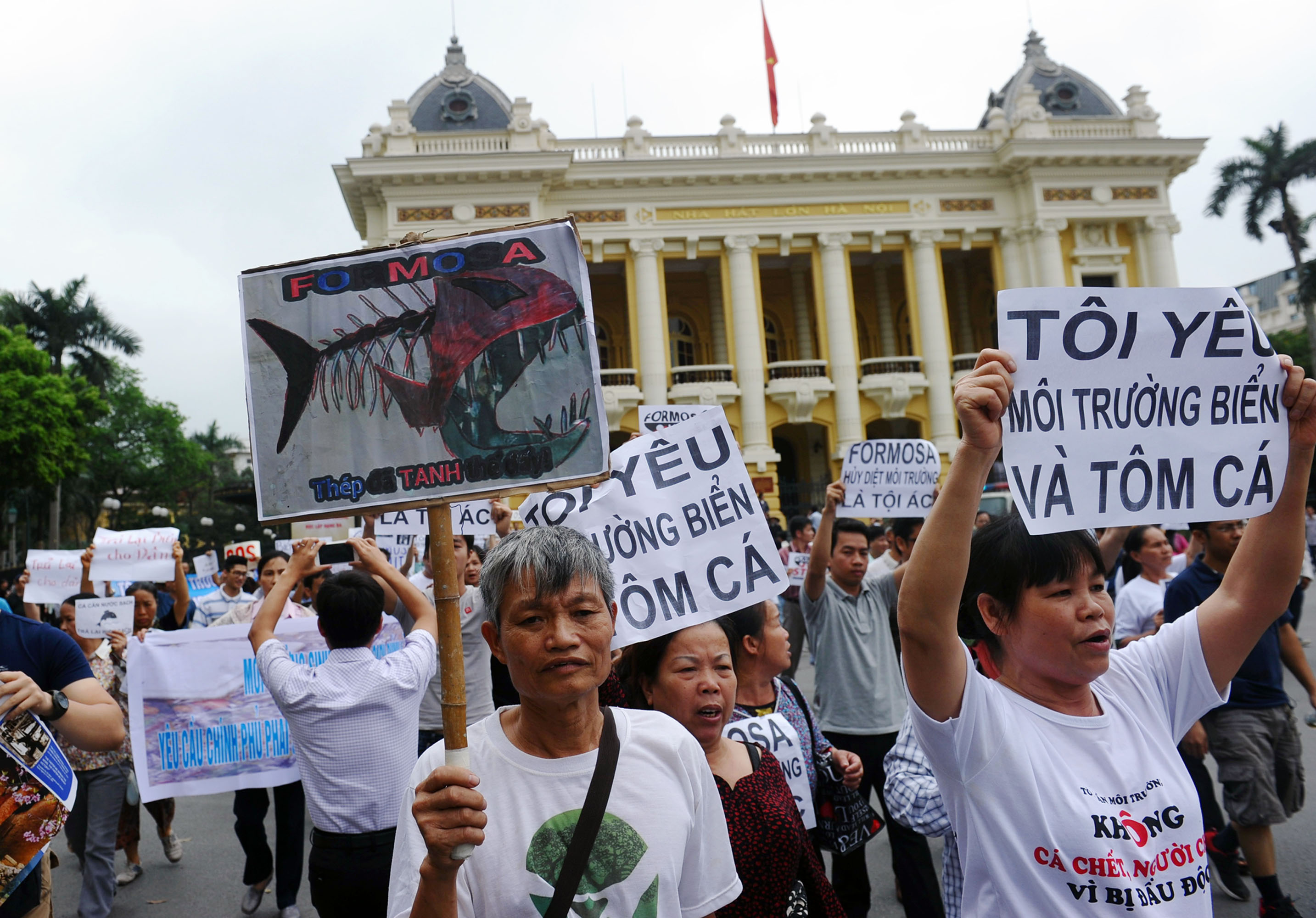 Vietnamese protesters demonstrate against Taiwanese conglomerate Formosa during a rally in downtown Hanoi on May 1.
