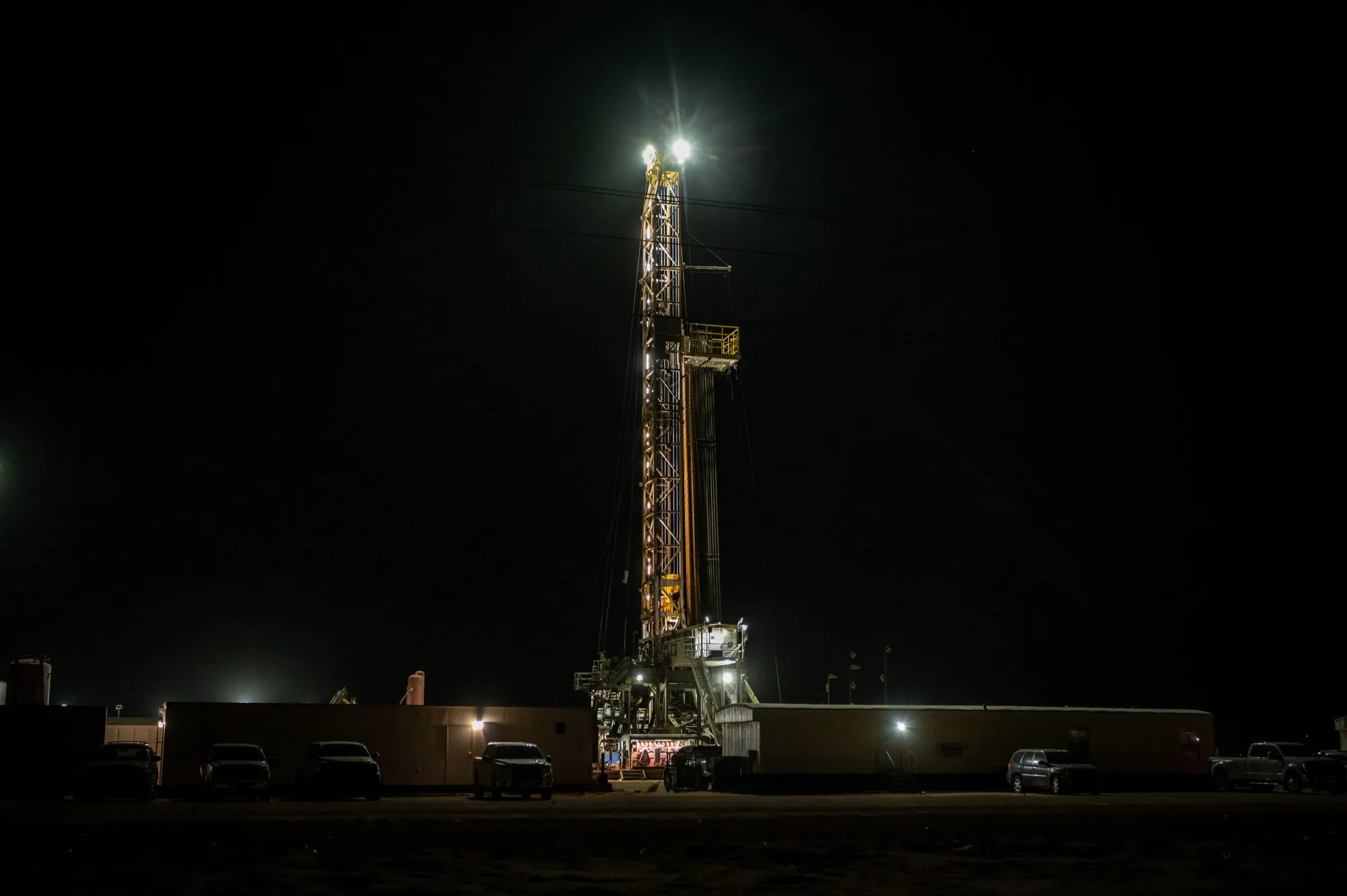 An oil drilling rig in Midland, Texas.