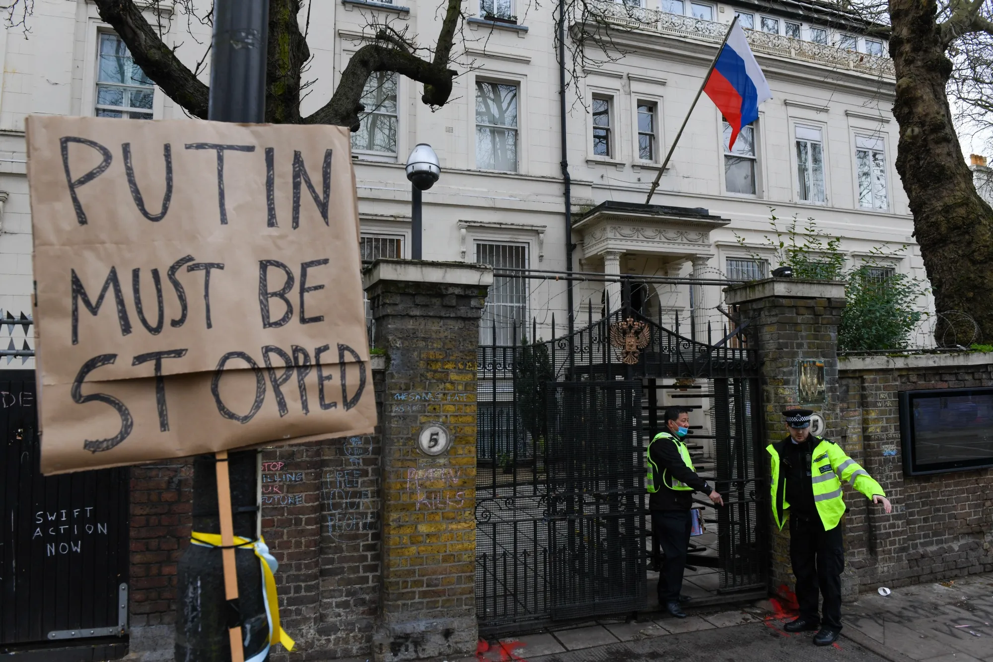 A placard outside the Russian embassy in London on Feb. 28.&nbsp;