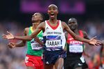 Mo Farah of Great Britain celebrates taking gold in the Men's 5000m Final at the London 2012 Olympic Games.