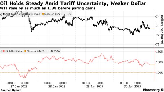 Oil Holds Steady Amid Tariff Uncertainty, Weaker Dollar | WTI rose by as much as 1.3% before paring gains