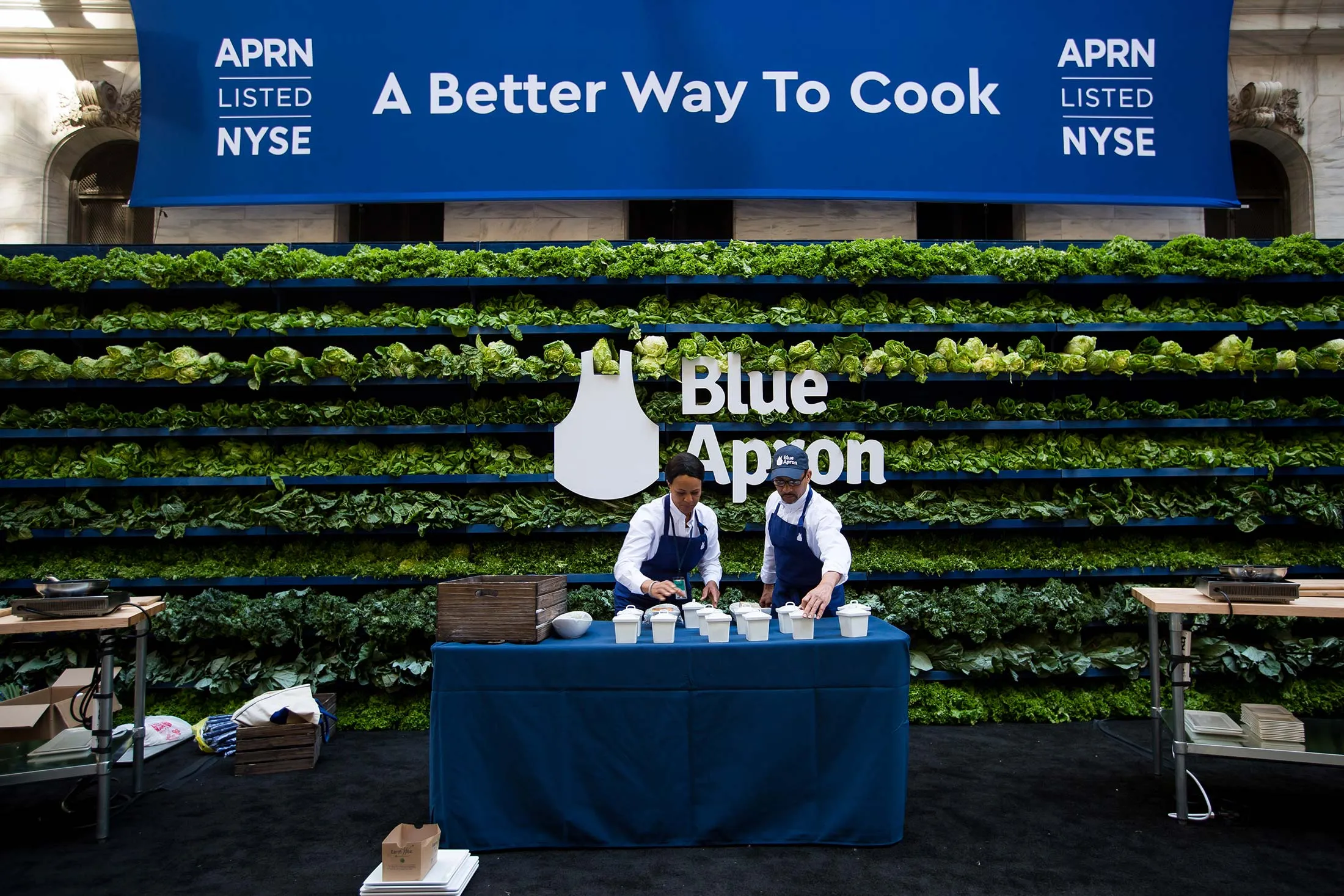 Workers outside the New York Stock Exchange&nbsp;prepare&nbsp;for Blue Apron’s initial public offering on June 29, 2017. The stock has since declined.&nbsp;