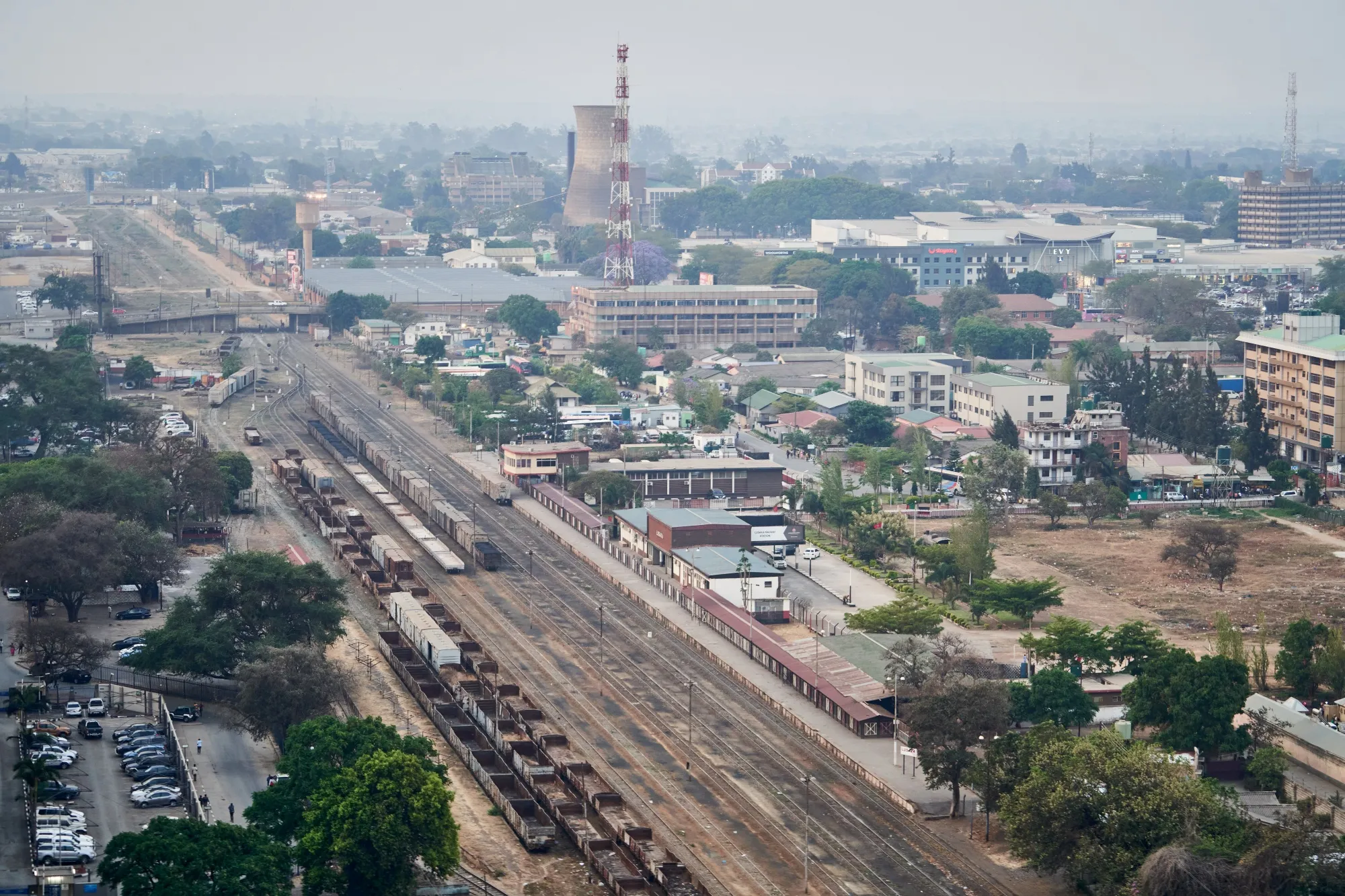 Railway lines and buildings in Lusaka, Zambia.