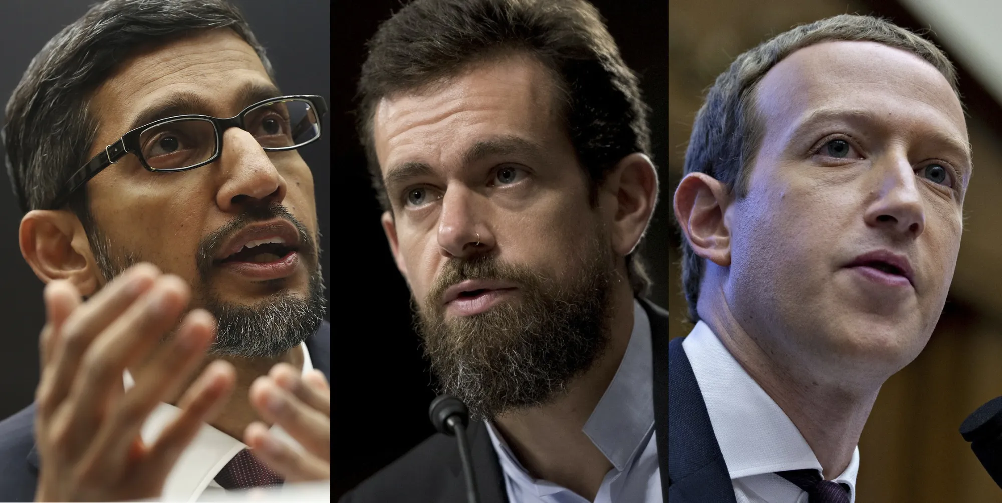Sundar Pichai, Jack Dorsey and Mark Zuckerberg