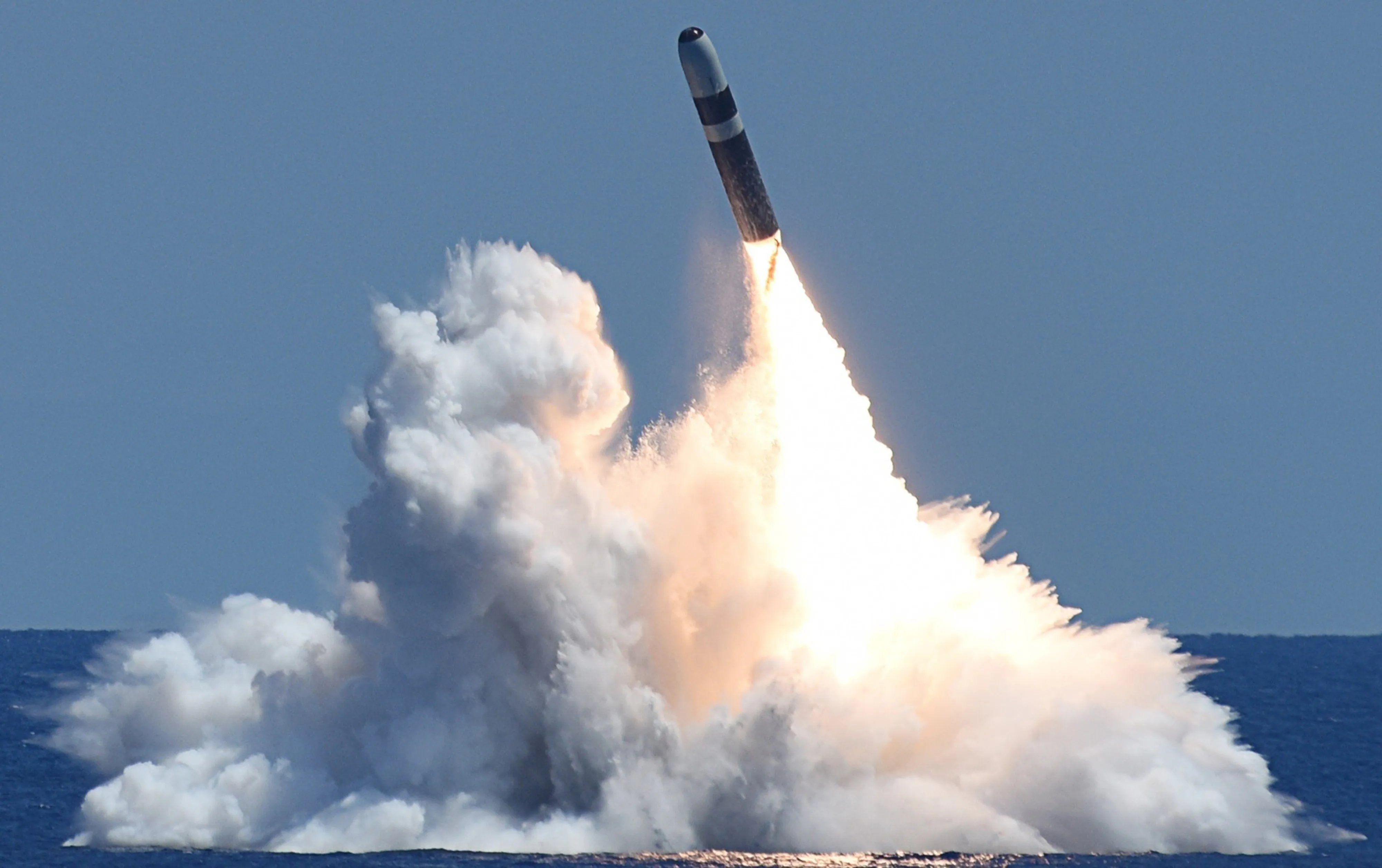 An unarmed Trident II D5 Life Extension missile launches from Ohio-class US submarine USS Alaska during testing in 2018.