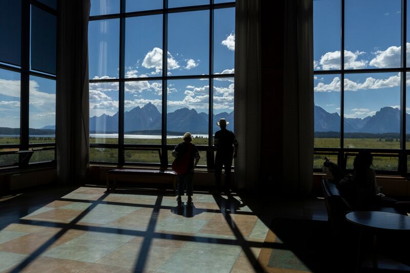 The Grand Teton mountain range outside of the Jackson Lake Lodge ahead of the Kansas City Federal Reserve's Jackson Hole Economic Policy Symposium in Moran, Wyoming.