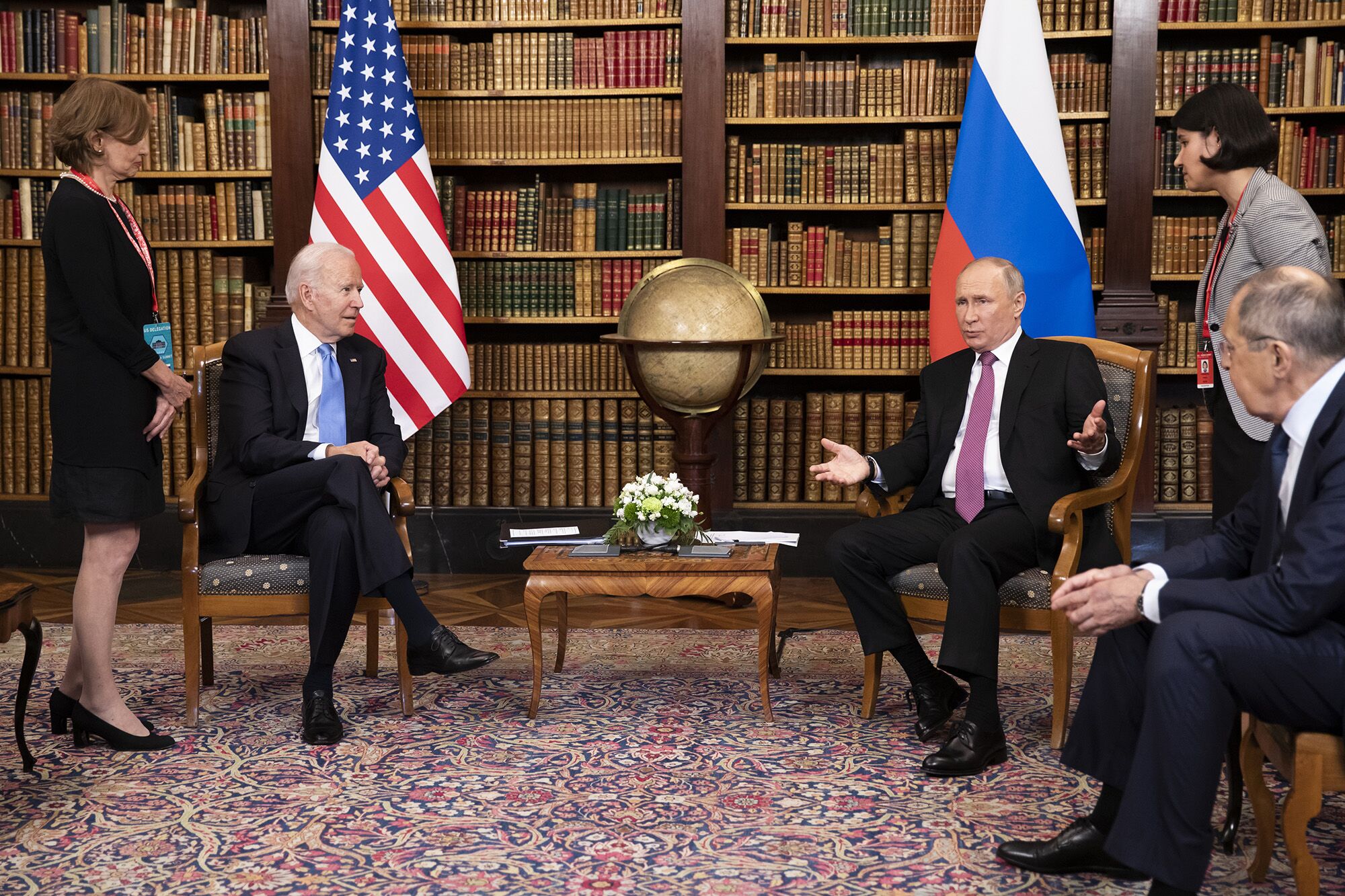 Joe Biden, center left, and Vladimir Putin, center right, during the U.S.-Russia summit at Villa La Grange in Geneva, on June 16. 