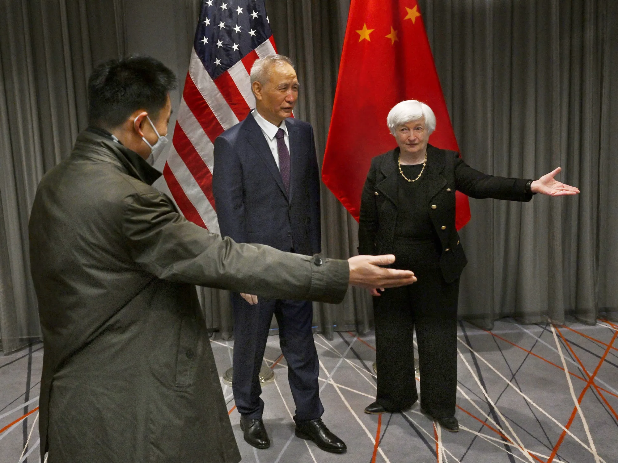 Janet Yellen greets Liu He, center, ahead of their meeting in Zurich, on Jan. 18.