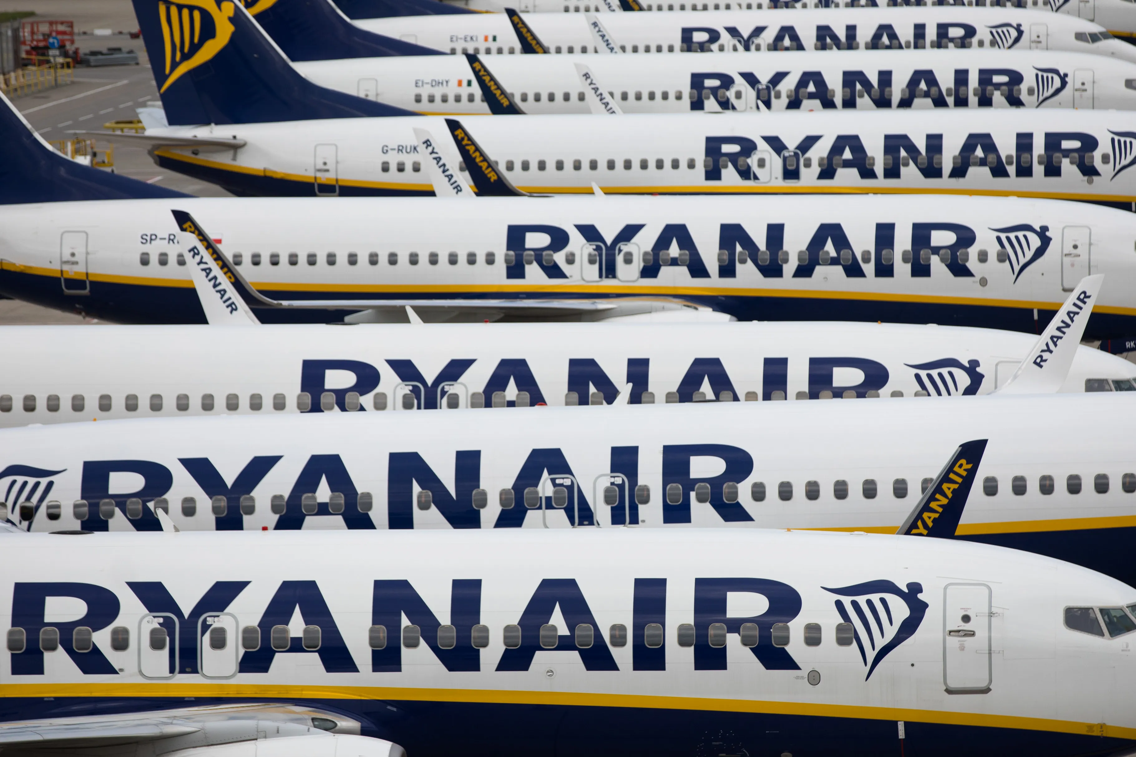 Ryanair planes on the tarmac at London Stansted Airport.