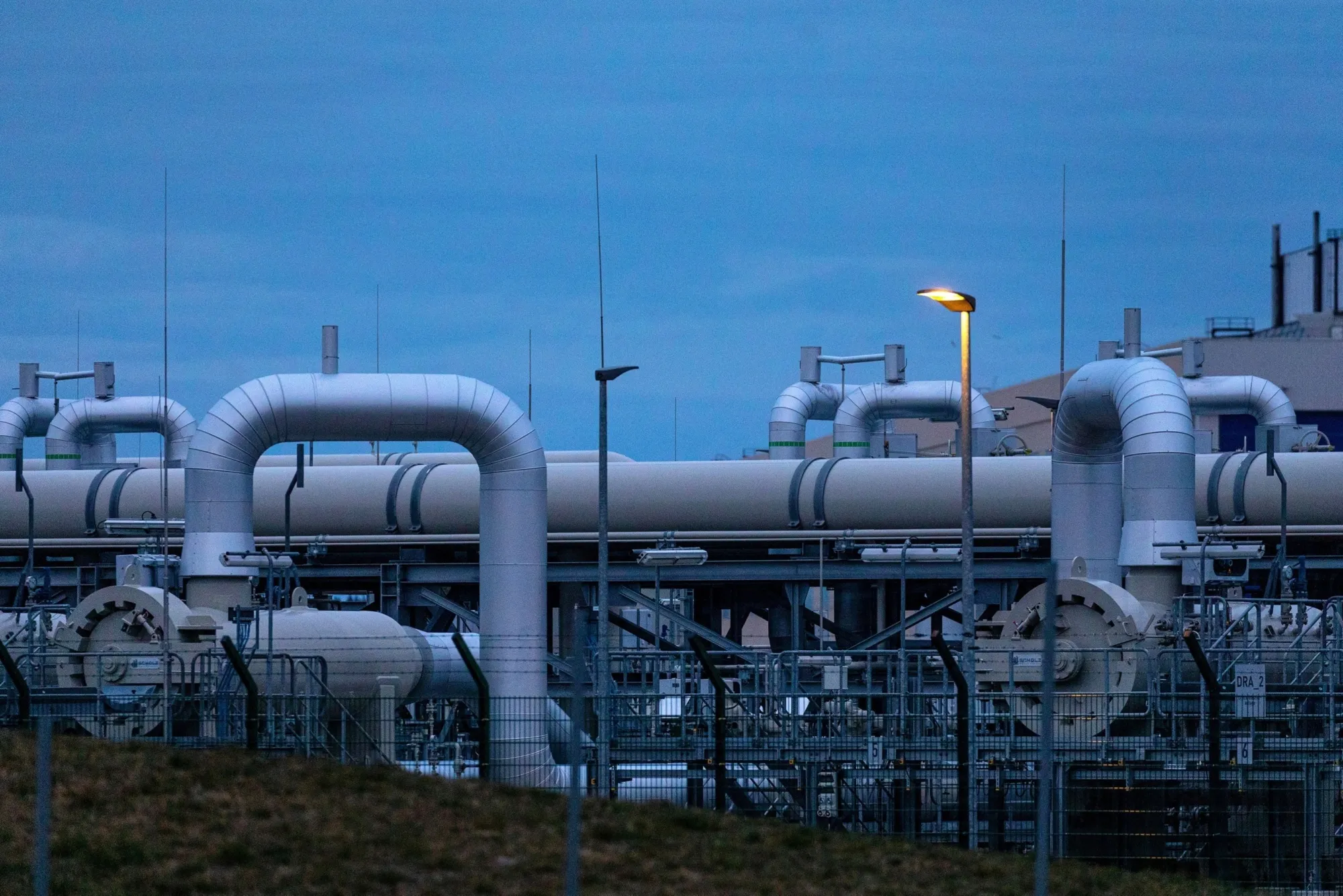 Pipework at the gas receiving station of the halted Nord Stream 2 project in Lubmin, Germany.