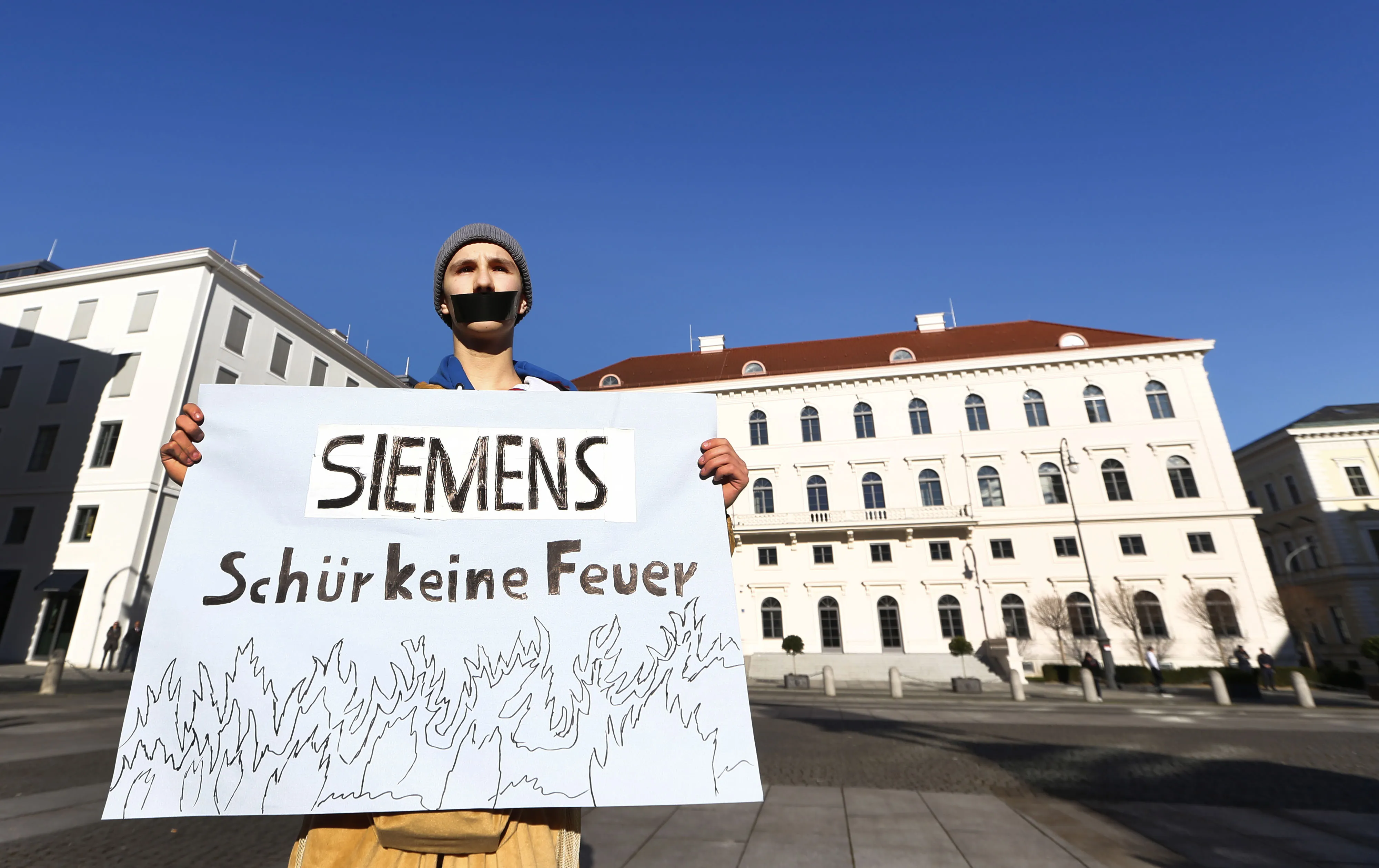 A Fridays for Future environmental movement activist outside the former Siemens headquarters in Munich, on Friday, Jan. 10.