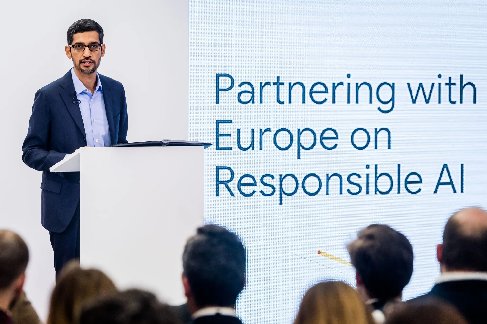 Sundar Pichai delivers a speech in Brussels, on Jan. 20.