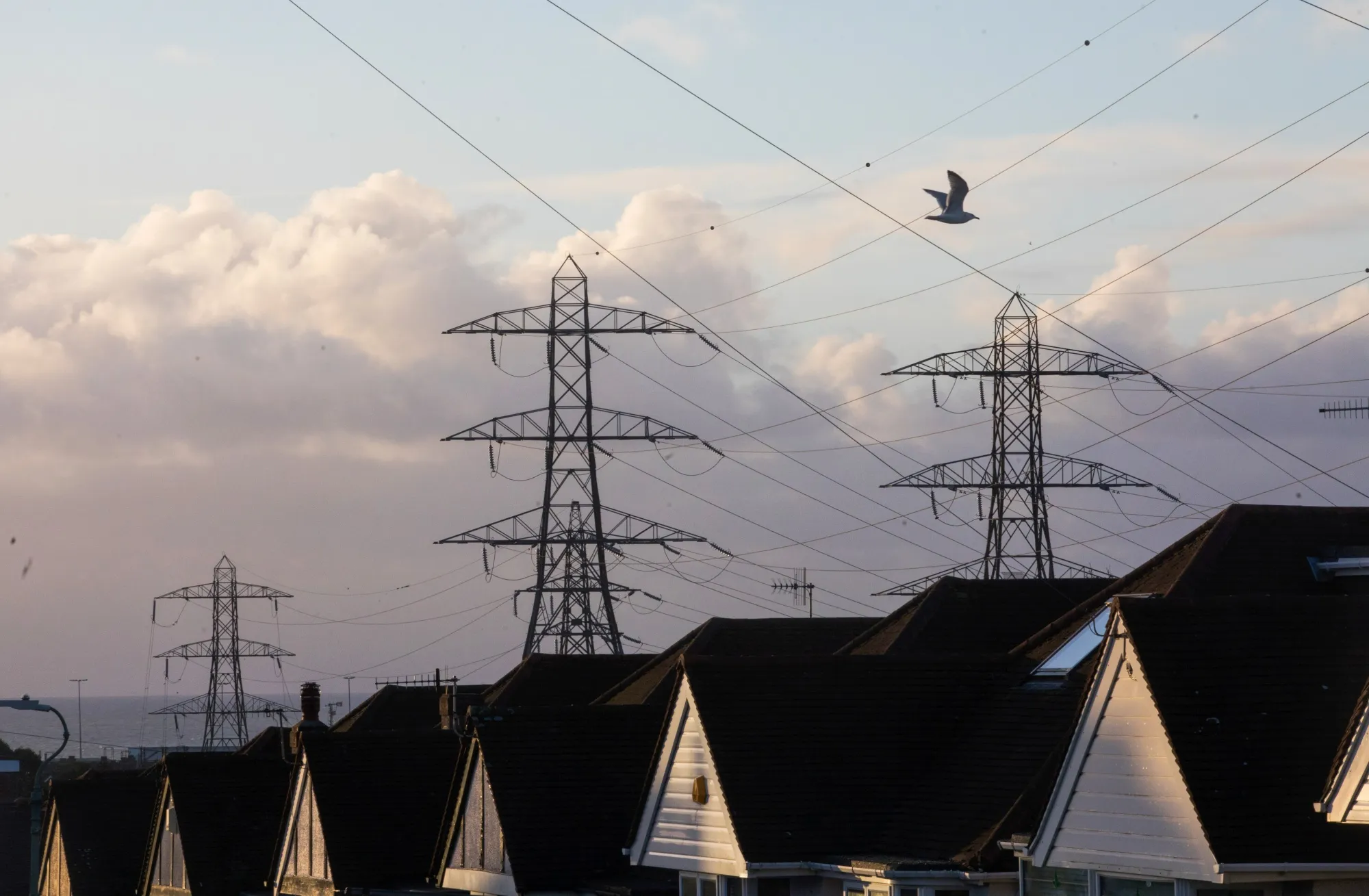 Electricity transmission pylons above residential houses in Brighton, U.K.
