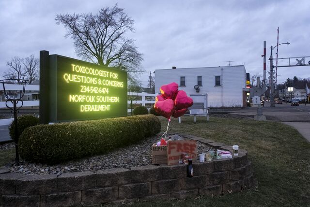 A billboard in East Palestine, Ohio, offers information to residents with toxicology concerns or questions. 