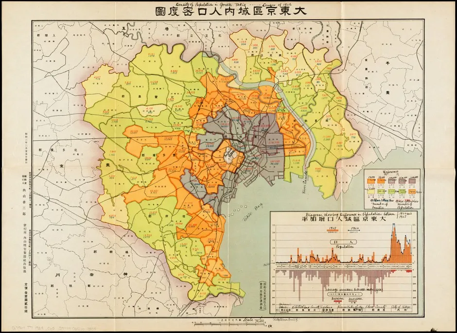 A map of population density in Tokyo, circa 1926, shows how maps splice and dice demographic data.