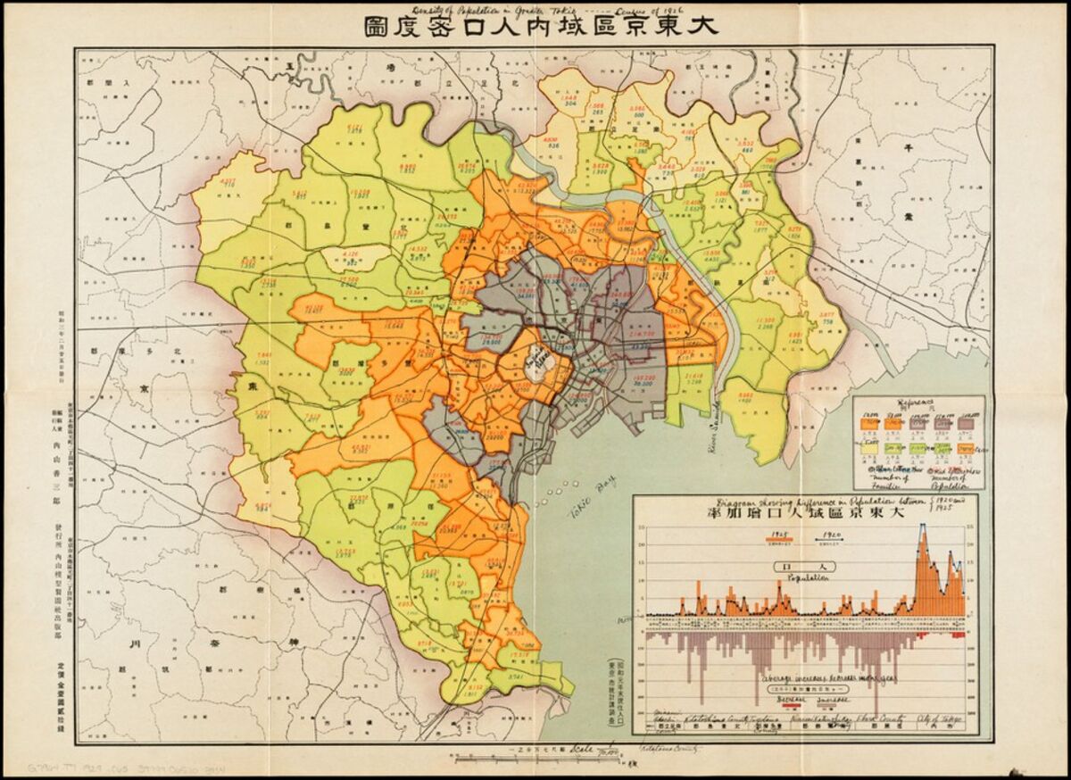 Map of the population per 500-m grid (population density) in Tokyo