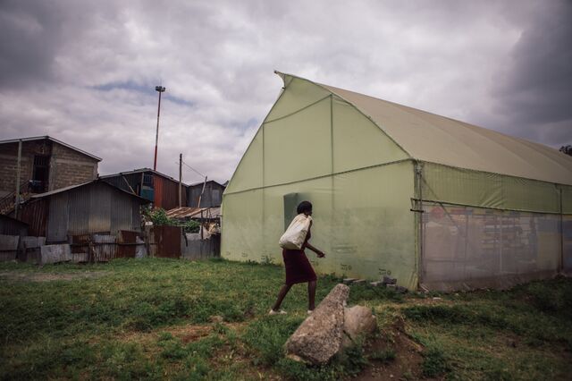 A BSF farm operator carries a bag of organic trash back to her facility.