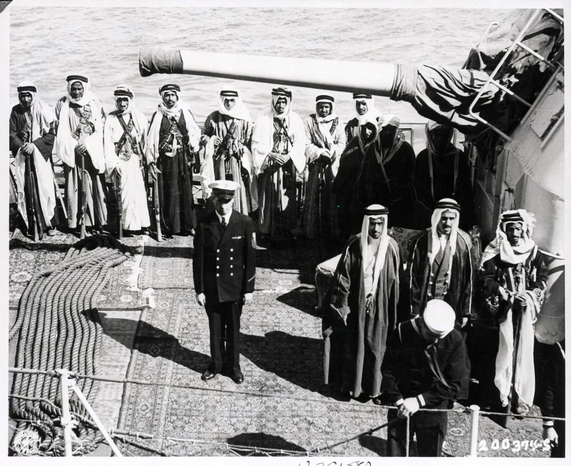 Members of the entourage of Saudi Arabia’s King Abdulaziz Al Saud aboard the USS Quincy at the Great Bitter Lake in the Suez Canal in February, 1945. As President Donald Trump visited Saudi Arabia this week, local news&nbsp;and social media recalled the historic meeting of President Franklin Delano Roosevelt and the Saudi monarch, which set bilateral ties for decades.