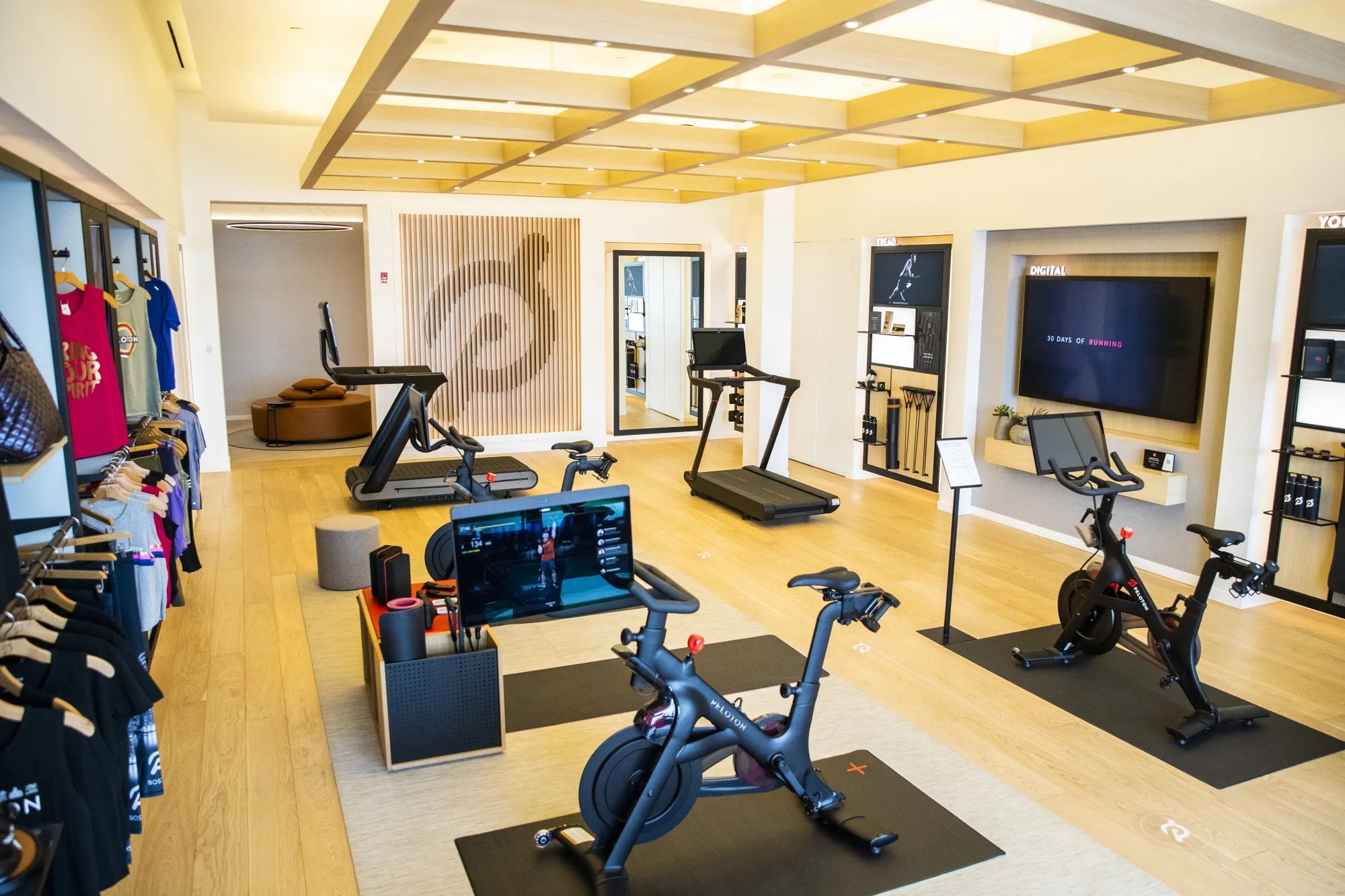 Exercise equipment and apparel for sale at the Peloton showroom in Dedham, Massachusetts, US,