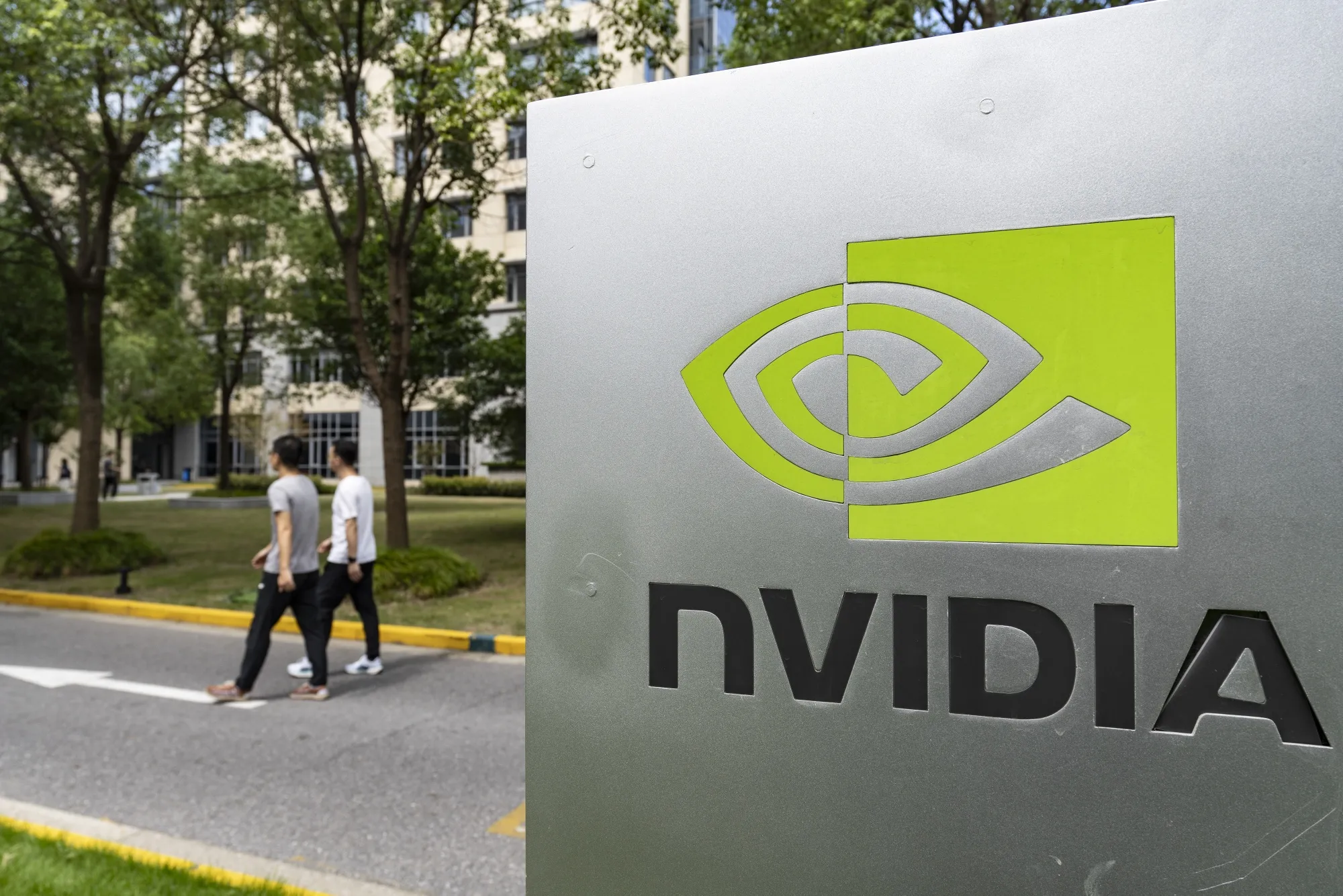 The Nvidia Corp. logo displayed outside the company's offices in Shanghai, China, on Monday, Sept. 22, 2025.&nbsp;