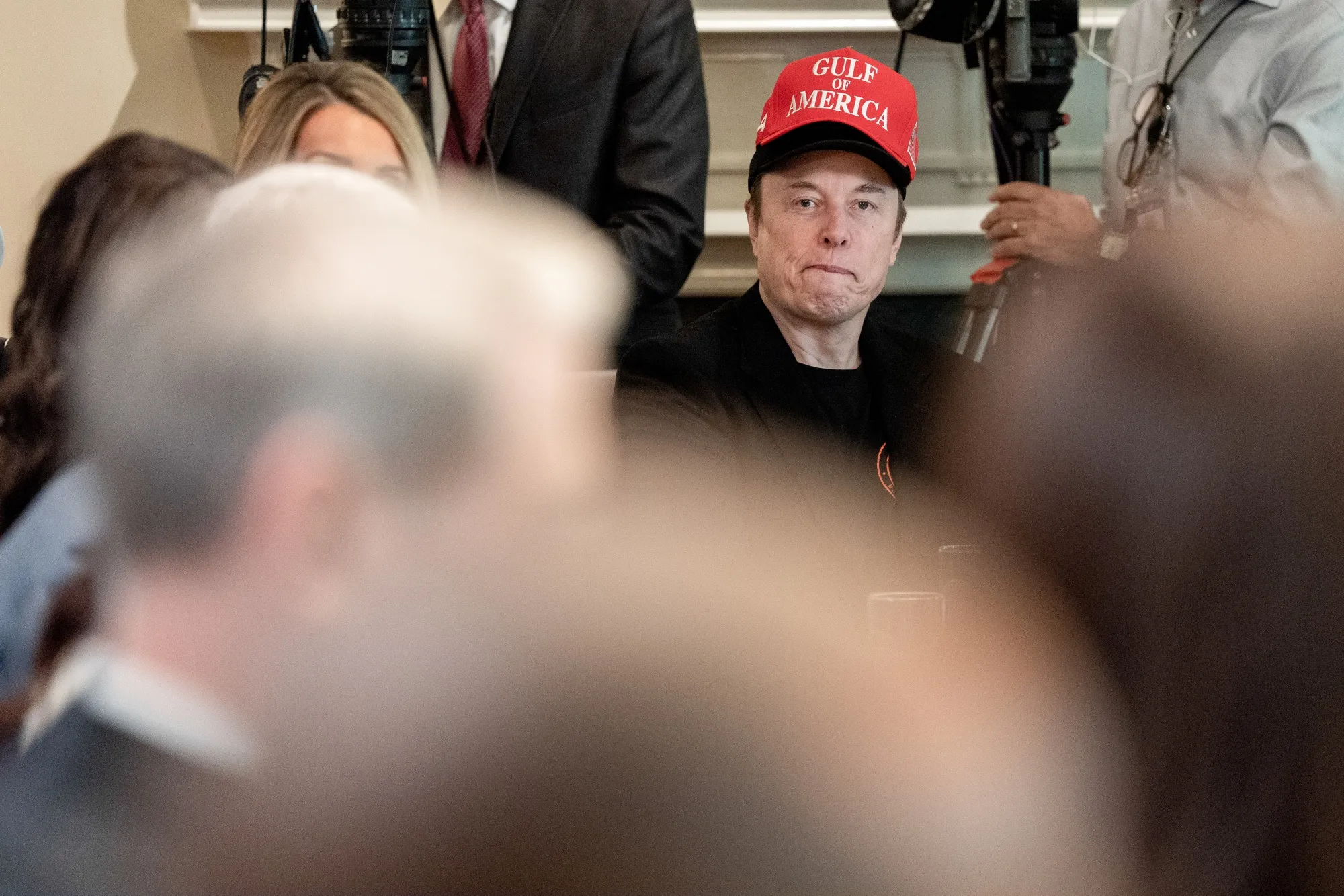 Elon Musk wears a "Gulf of America" hat during a cabinet meeting at the White House on April 30.